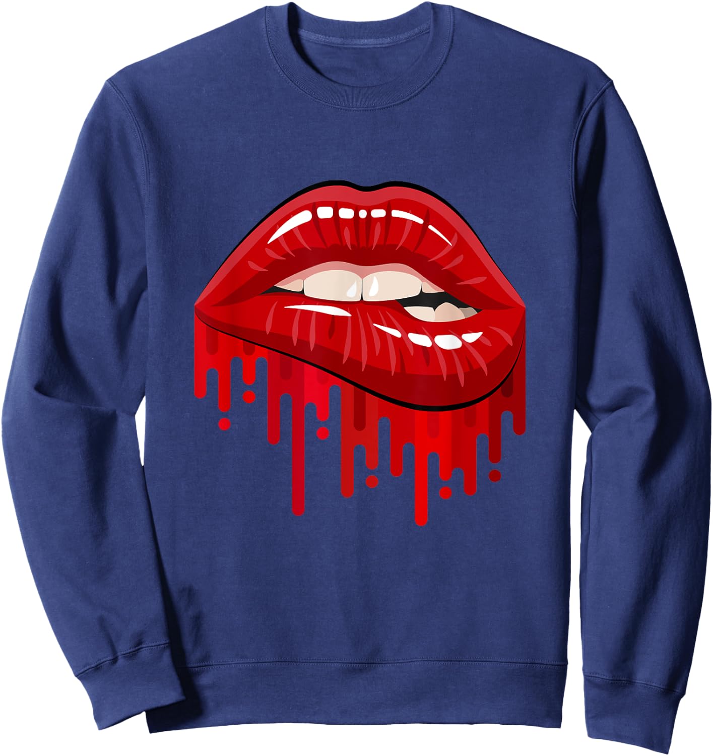 Cool Men's Women's Bold Red Biting Lips Graphic Short Sleeve Sweatshirt - Sweatshirt | Navy