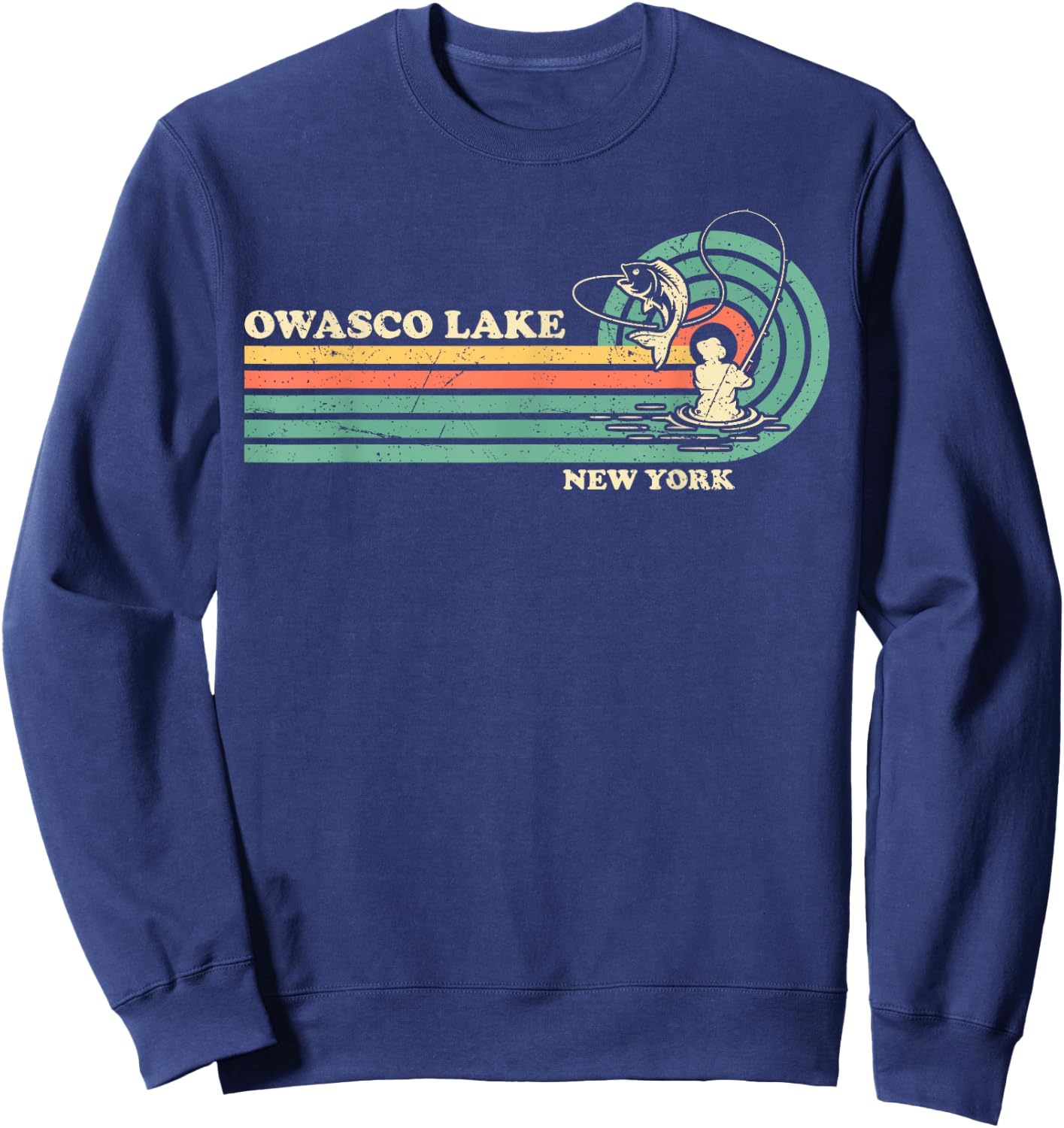 Vintage Retro Summer Fishing New York Owasco Lake Sweatshirt - Sweatshirt | Navy