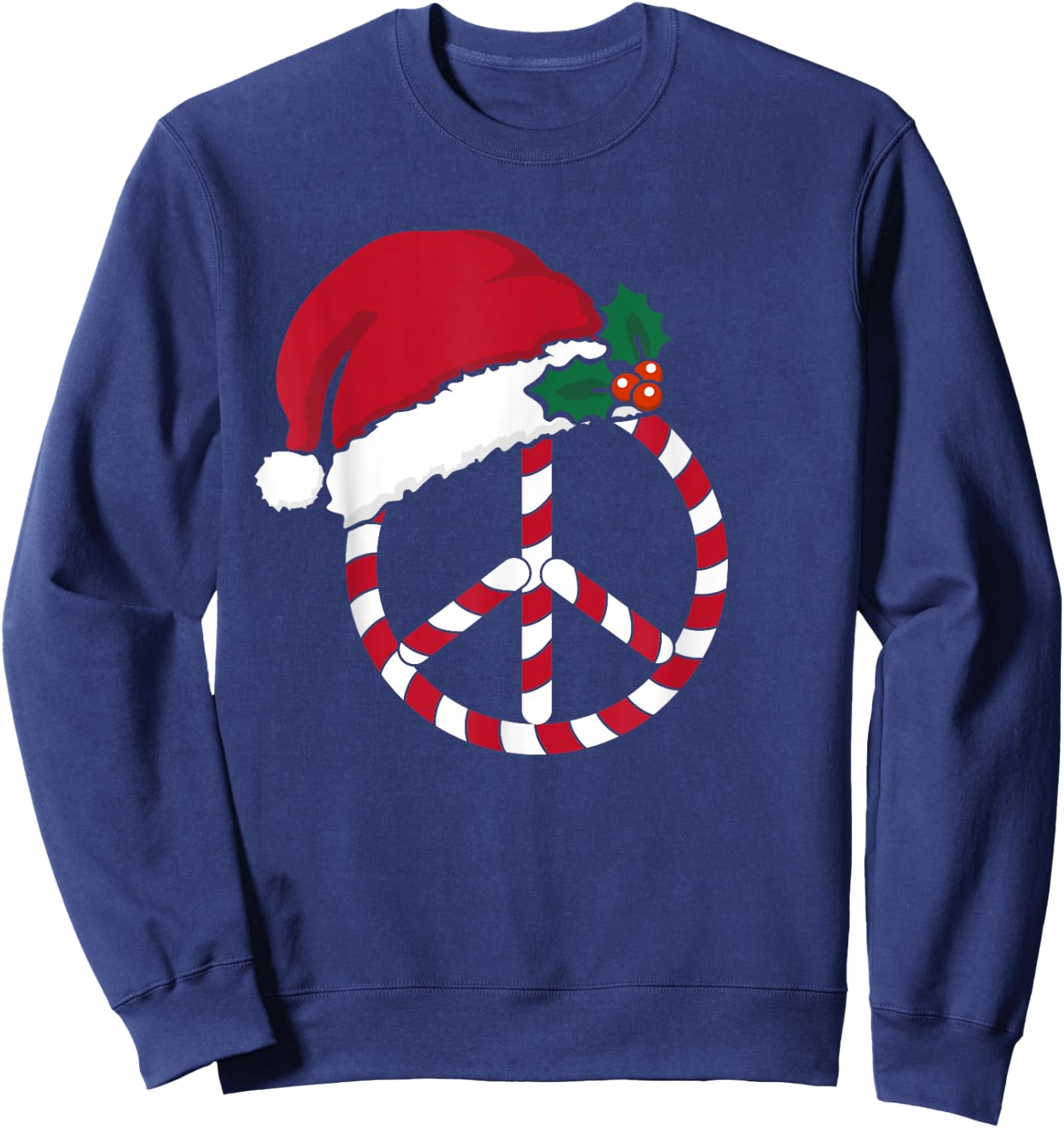 Candy Cane Peace Sign Merry Christmas Symbol Santa Hat Cute Sweatshirt - Sweatshirt | Navy