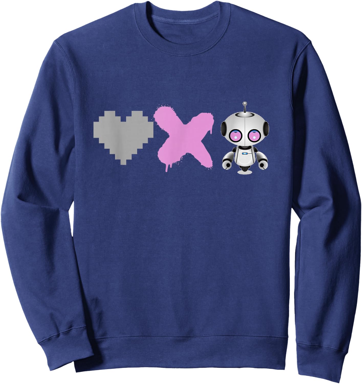 Love Death Robots - Pink Pixel Heart, X and Cute Robot Sweatshirt - Sweatshirt | Navy