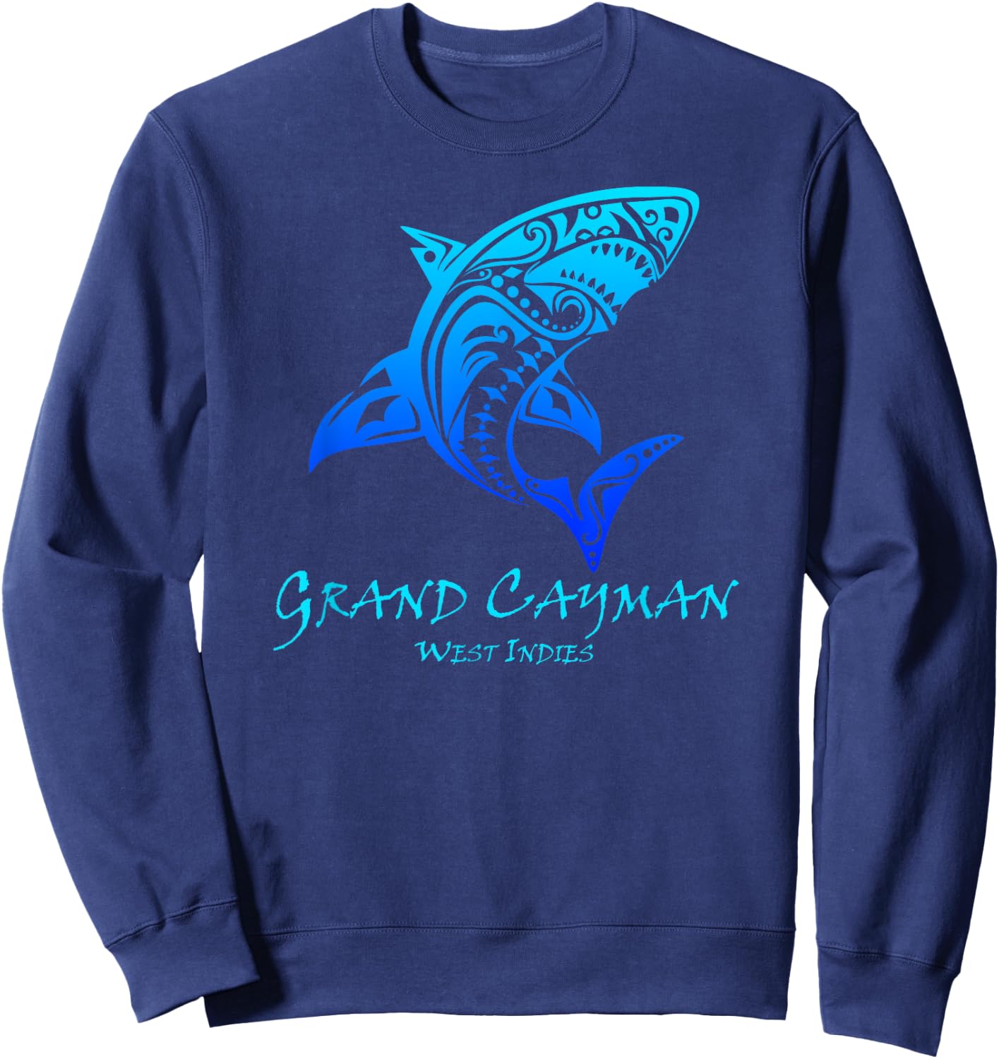 Grand Cayman West Indies Vintage Retro Tribal Shark Vacation Sweatshirt - Sweatshirt | Navy