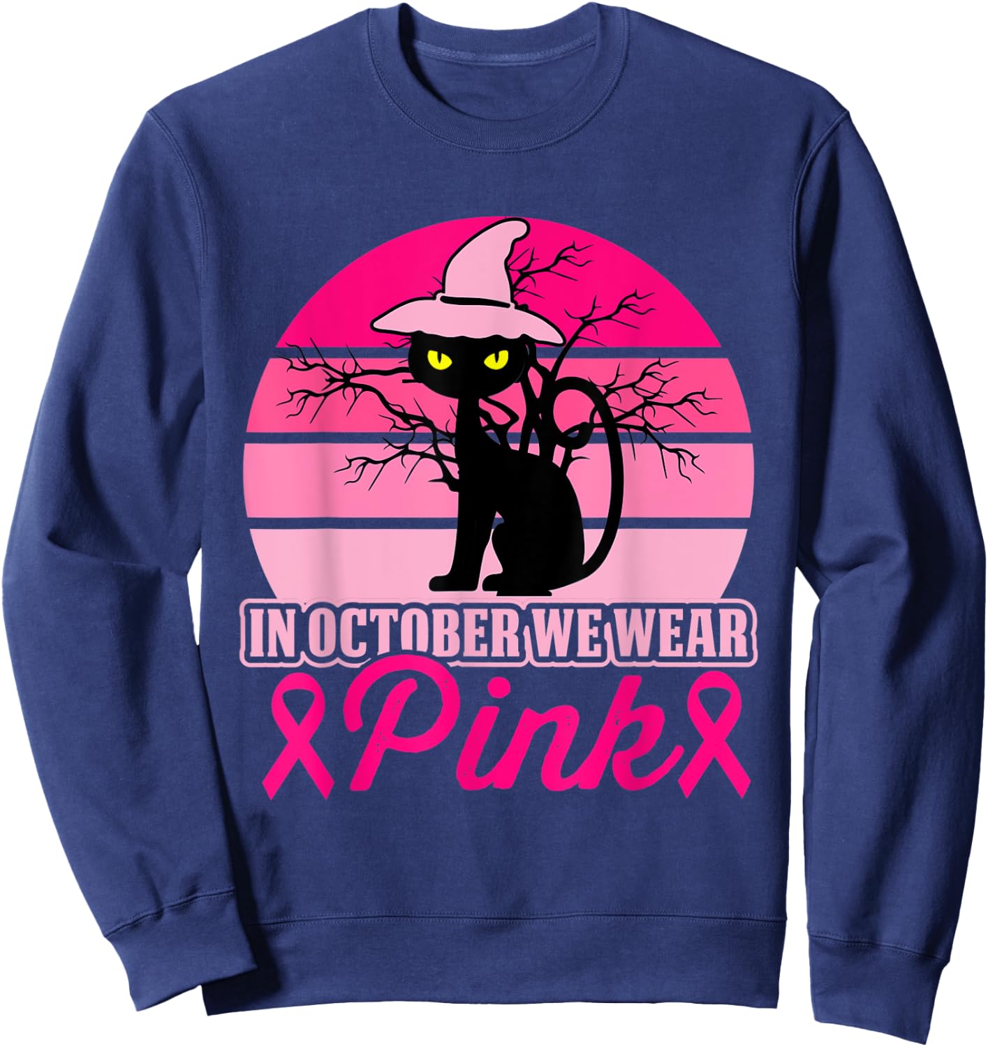 In October We Wear Pink Cat Breast Cancer Halloween Sweatshirt - Sweatshirt | Navy