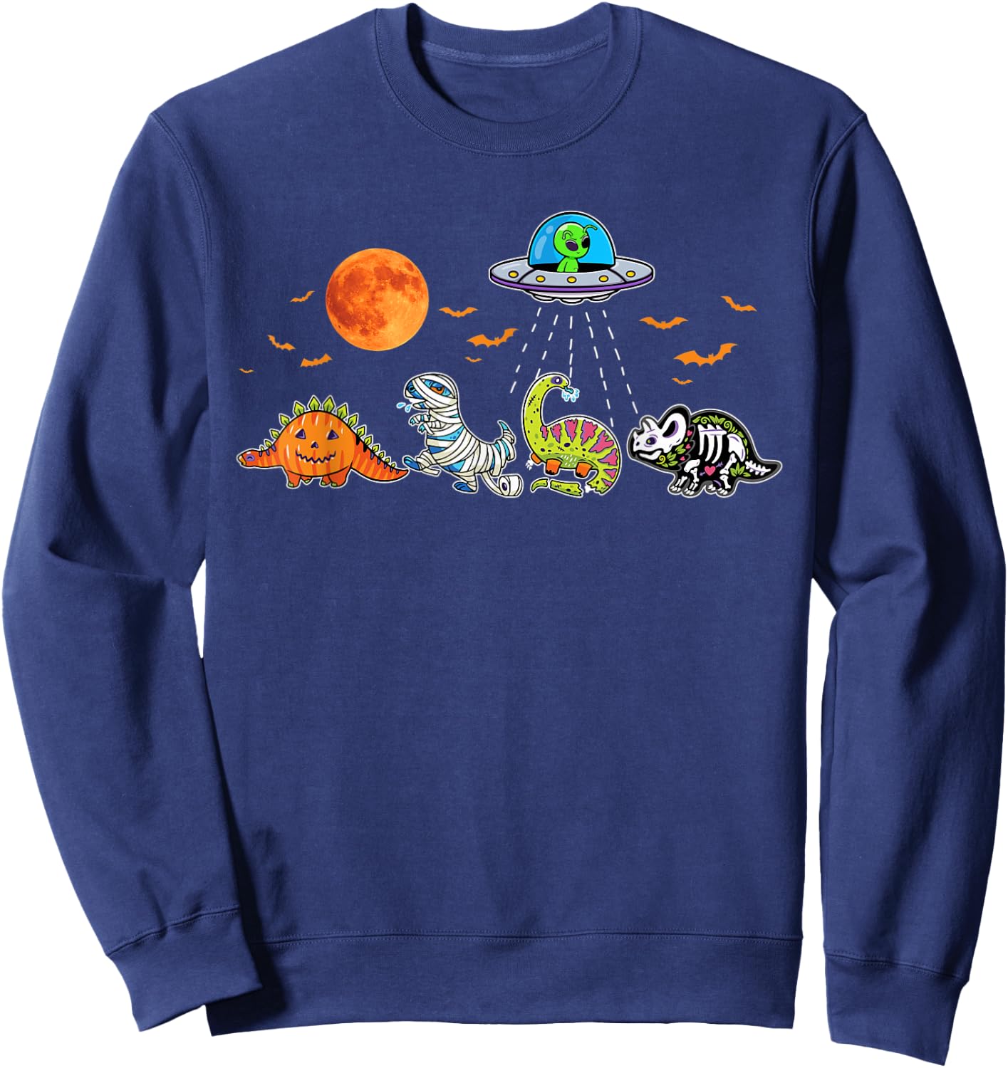 Pumpkin UFO Alien Dinosaur T Rex Halloween Kids Sweatshirt - Sweatshirt | Navy