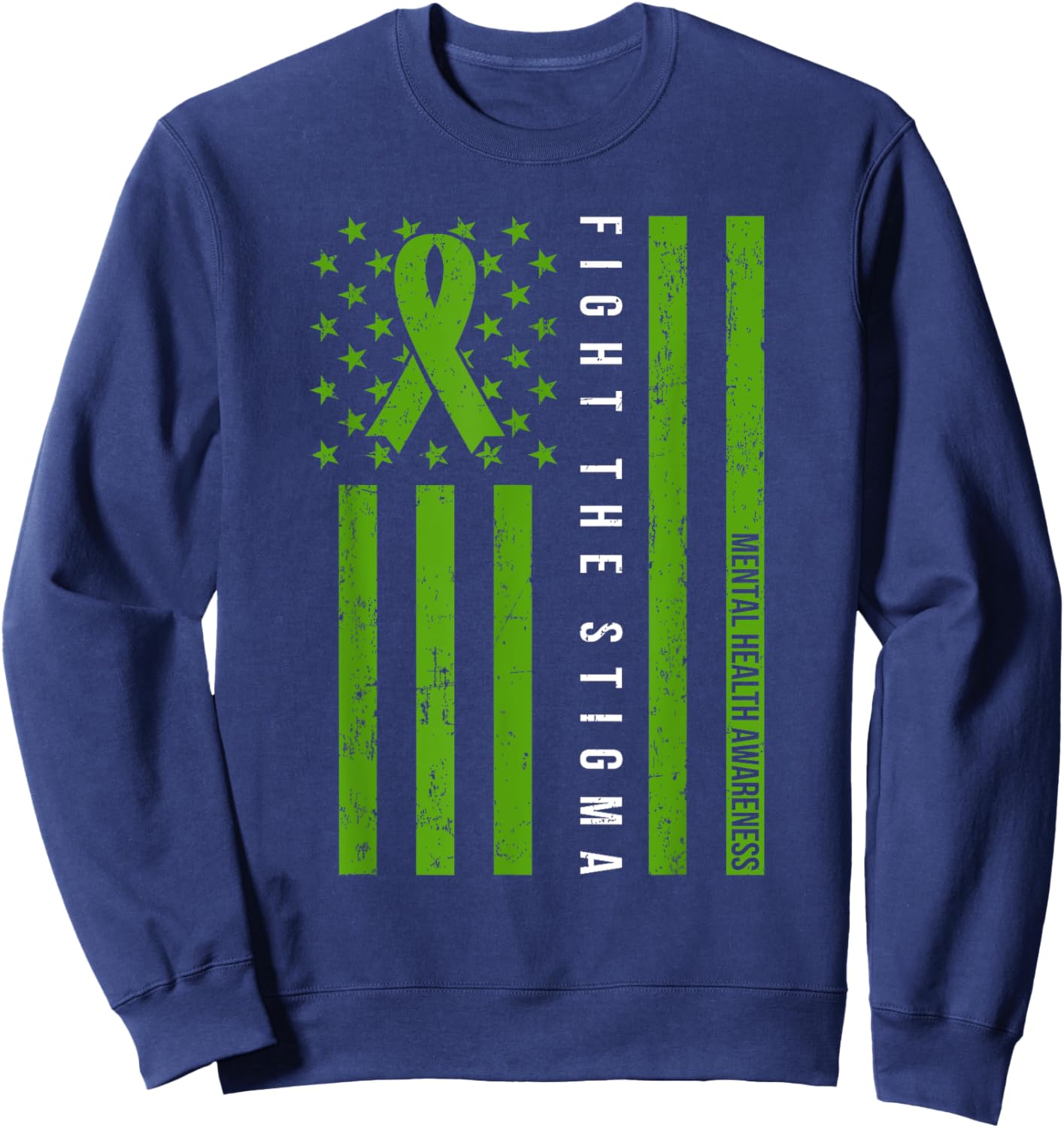 Mental Health Awareness Shirt Green Ribbon Support USA Flag Sweatshirt - Sweatshirt | Navy