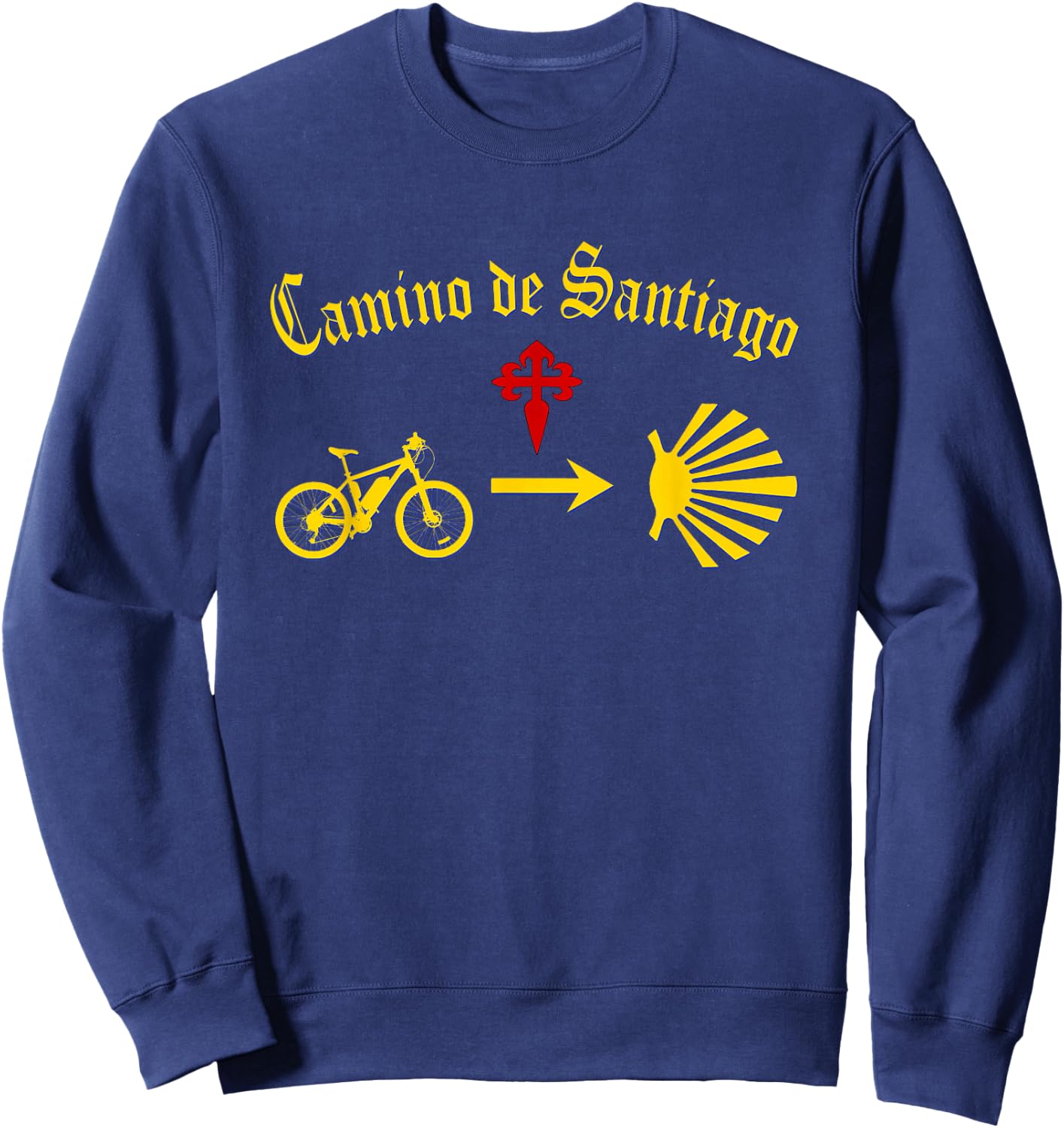 Camino de Santiago Mountain Bike Yellow Arrow Scallop Cross Sweatshirt - Sweatshirt | Navy
