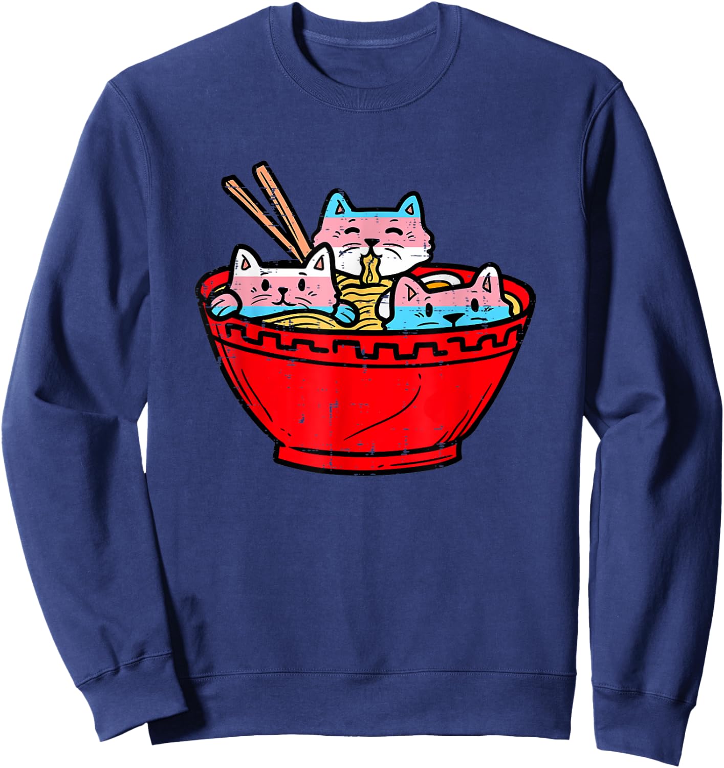 Ramen Cats Transgender Trans Pride Flag Japanese Noodle Food Sweatshirt - Sweatshirt | Navy