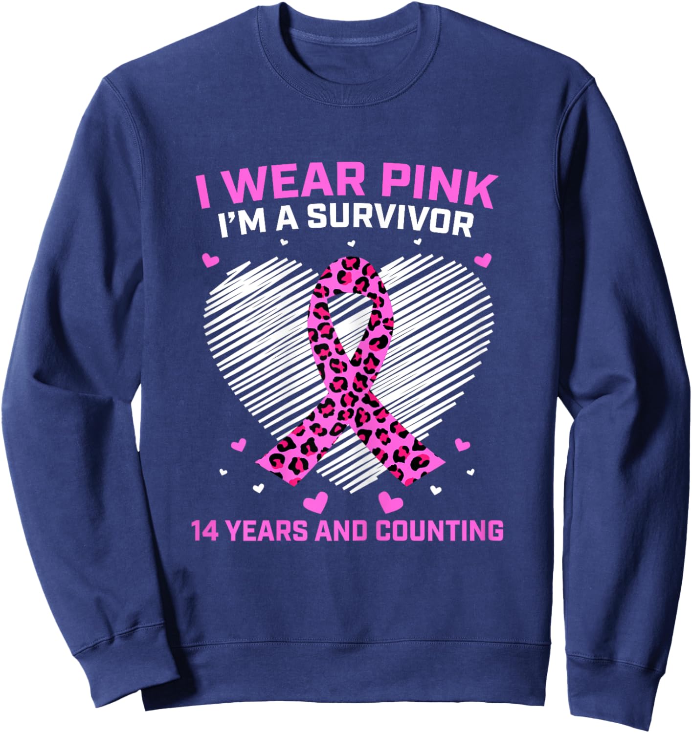 14 Years Breast Cancer Survivor Pink Cheetah Print Awareness Sweatshirt - Sweatshirt | Navy
