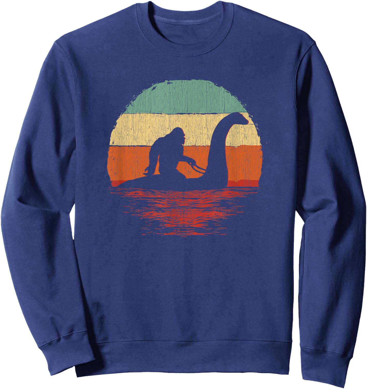 Vintage Funny Bigfoot Riding The Loch Ness Monster Sweatshirt - Sweatshirt | Navy