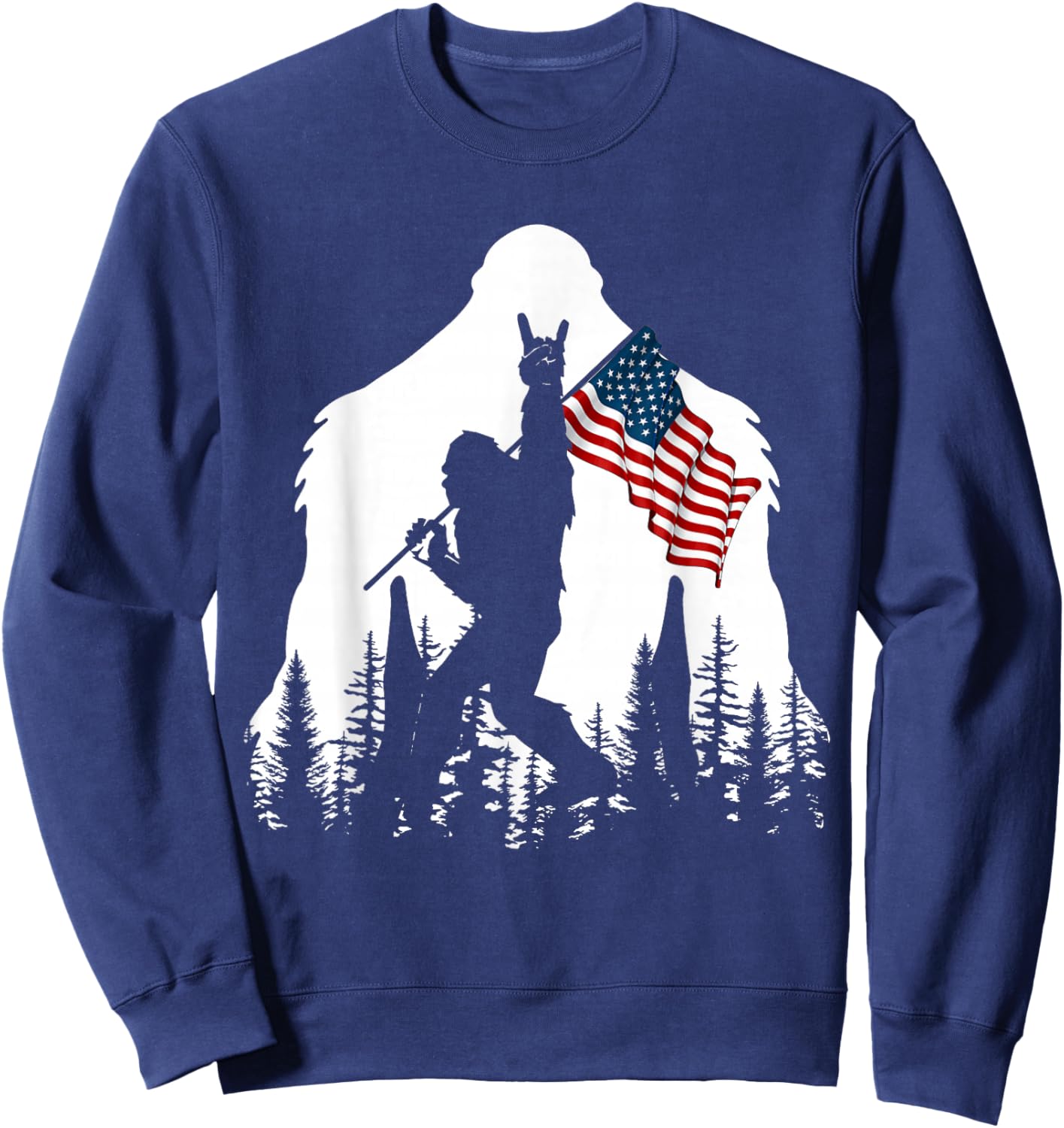 Bigfoot Rock On Hold American Flag Sasquatch Believers Sweatshirt - Sweatshirt | Navy