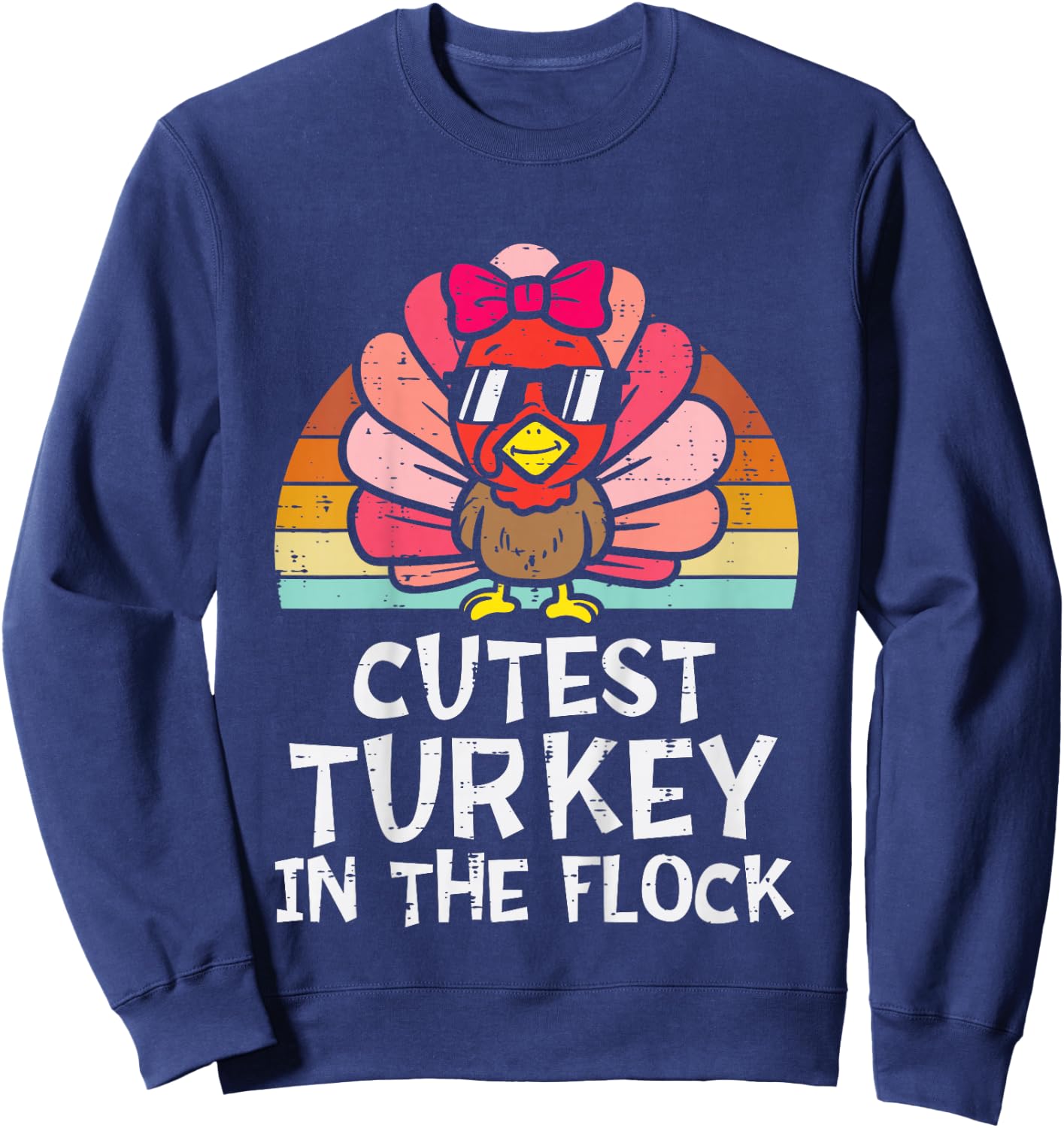 Cutest Turkey In The Flock Retro Toddler Girls Thanksgiving Sweatshirt - Sweatshirt | Navy