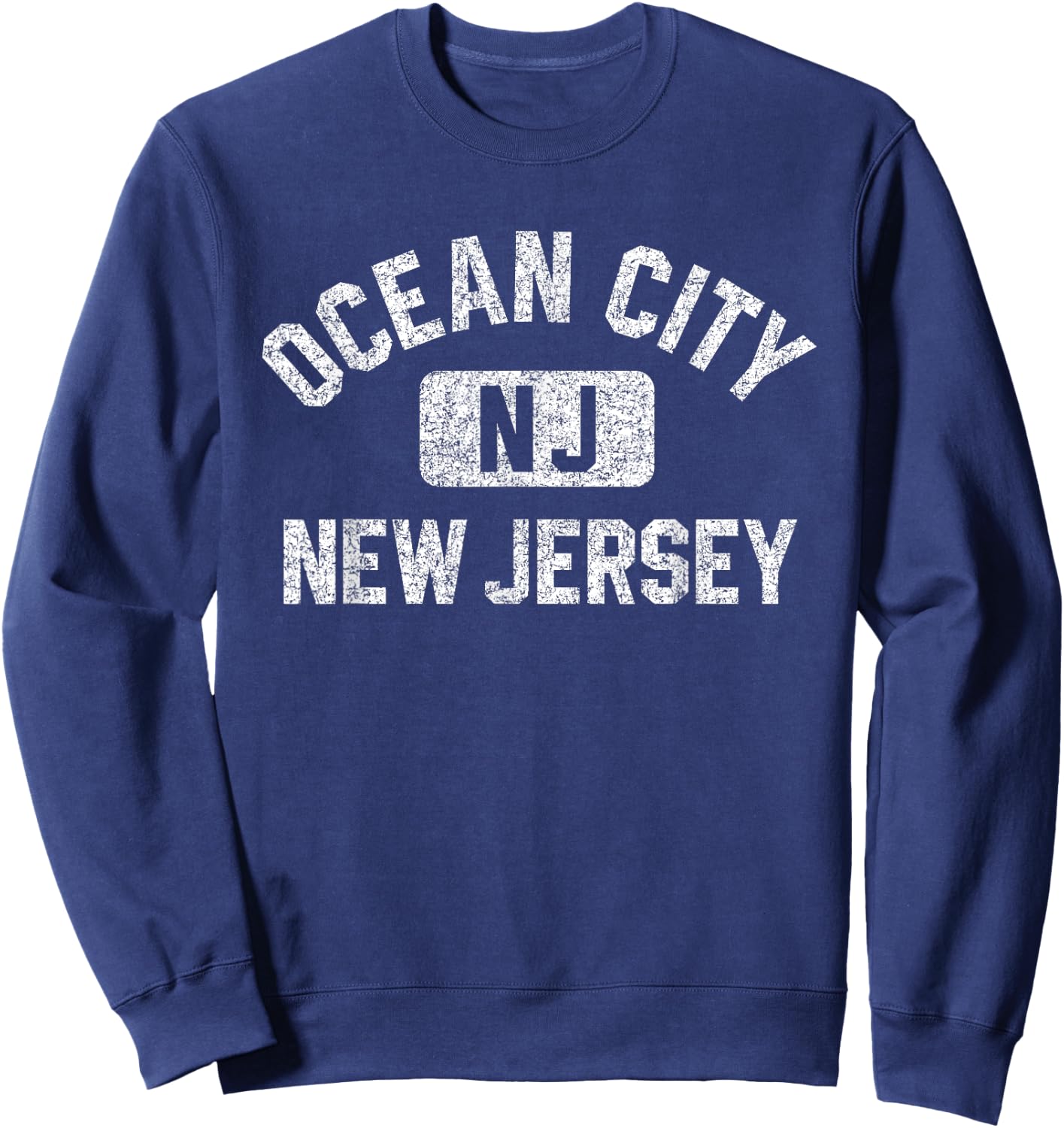 Ocean City New Jersey Gym Style Distressed White Print Sweatshirt - Sweatshirt | Navy