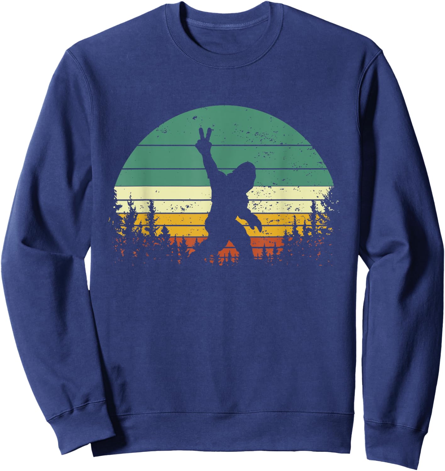 Sasquatch Peace Sign Funny Bigfoot Retro Yeti Sunset Sweatshirt - Sweatshirt | Navy