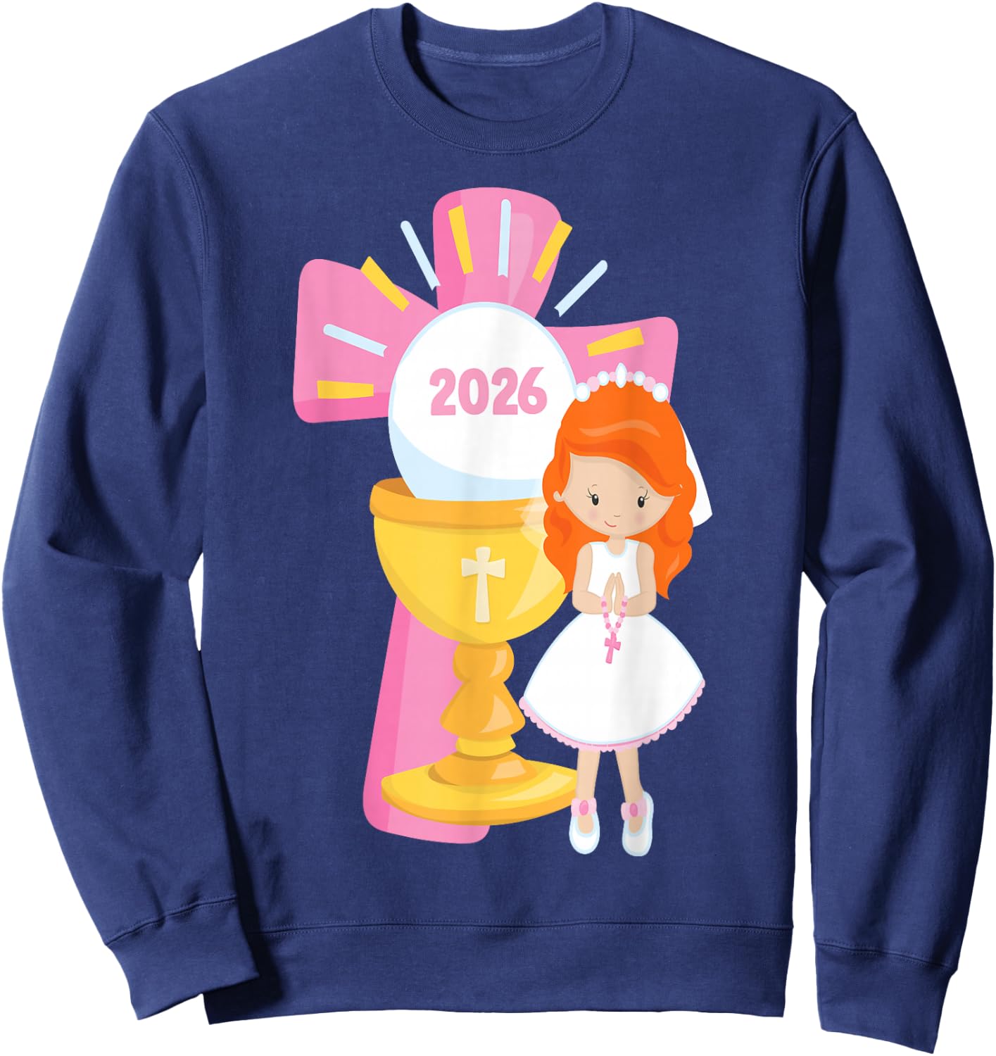 Redhead Girl First Communion 2026 Pink Cross Chalice Rosary Sweatshirt - Sweatshirt | Navy