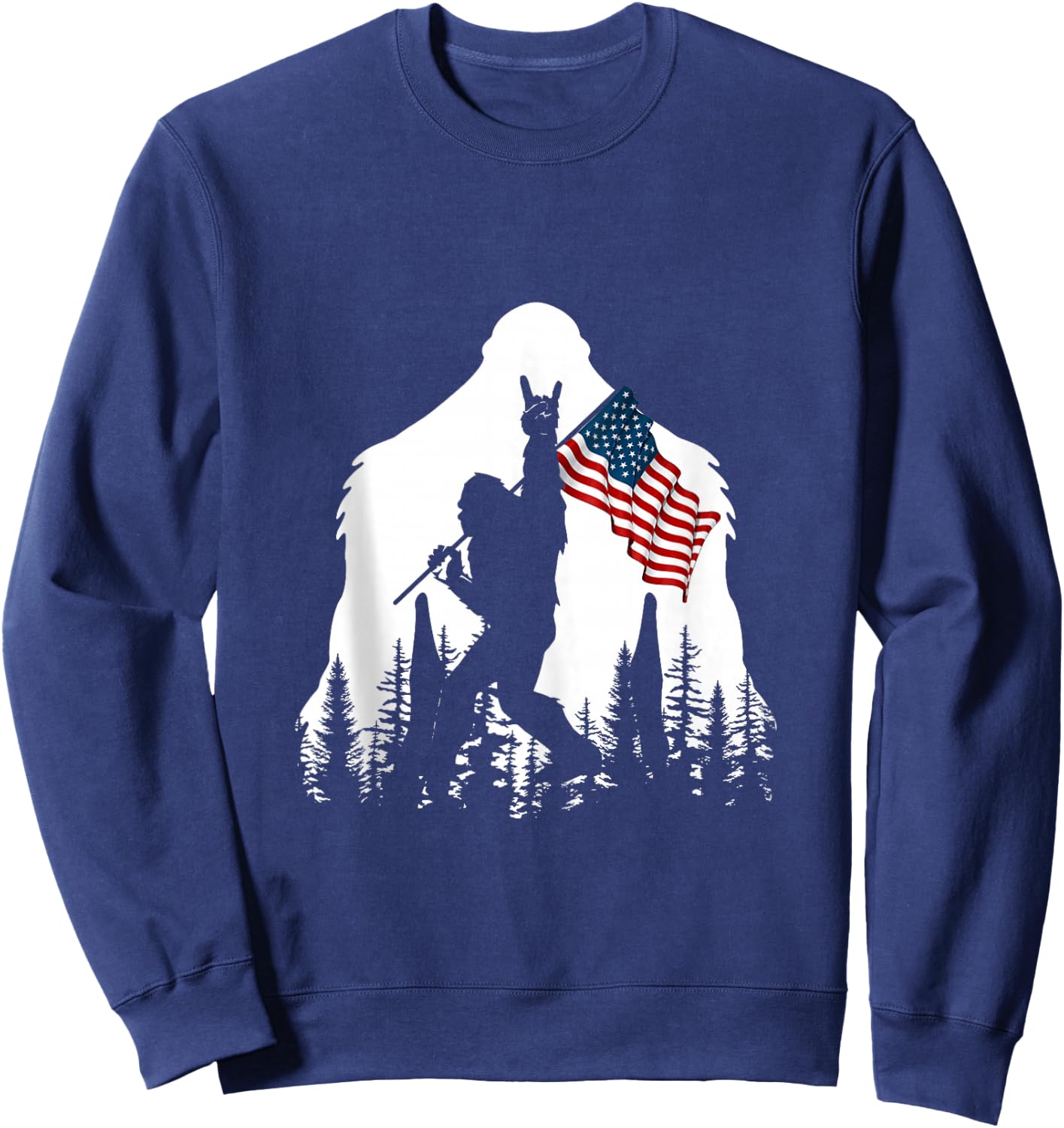 Bigfoot Rock On Hold American Flag Sasquatch Believers Sweatshirt - Sweatshirt | Navy