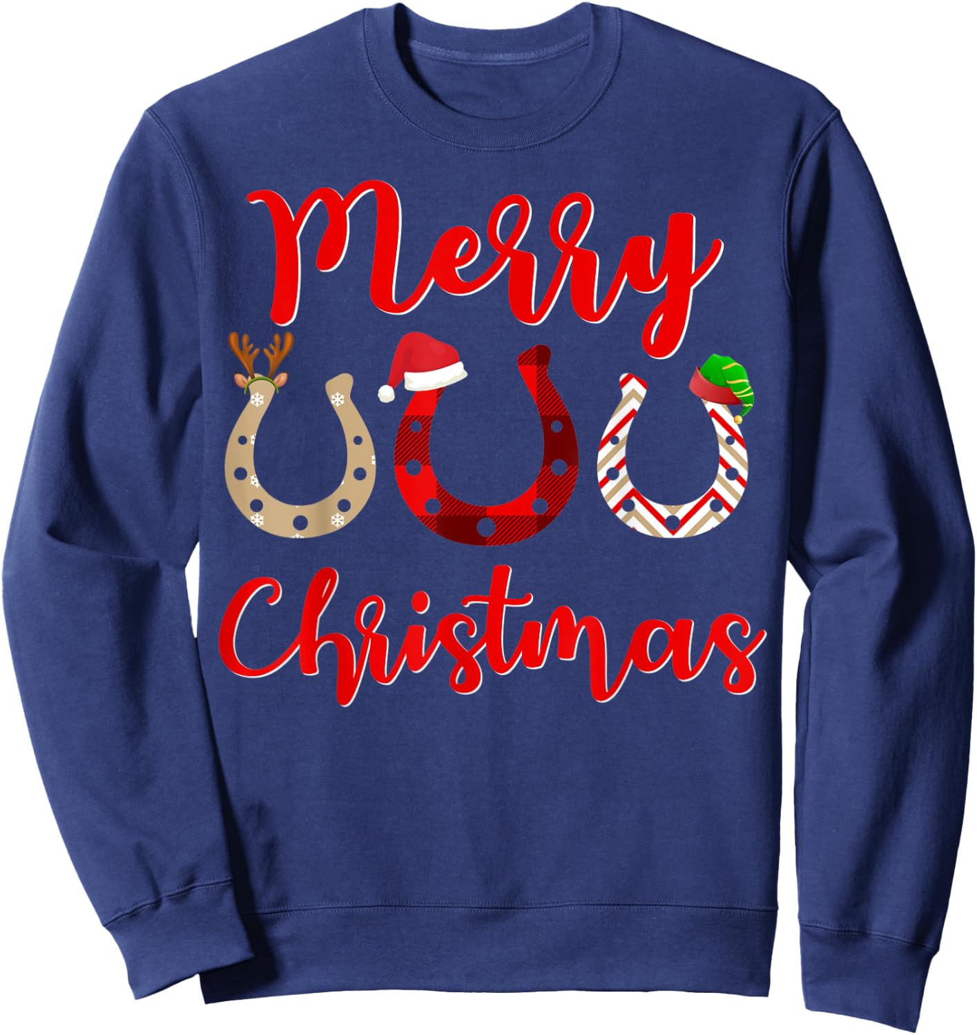 Christmas Horseshoe, Santa Hat, Horse Sweatshirt - Sweatshirt | Navy