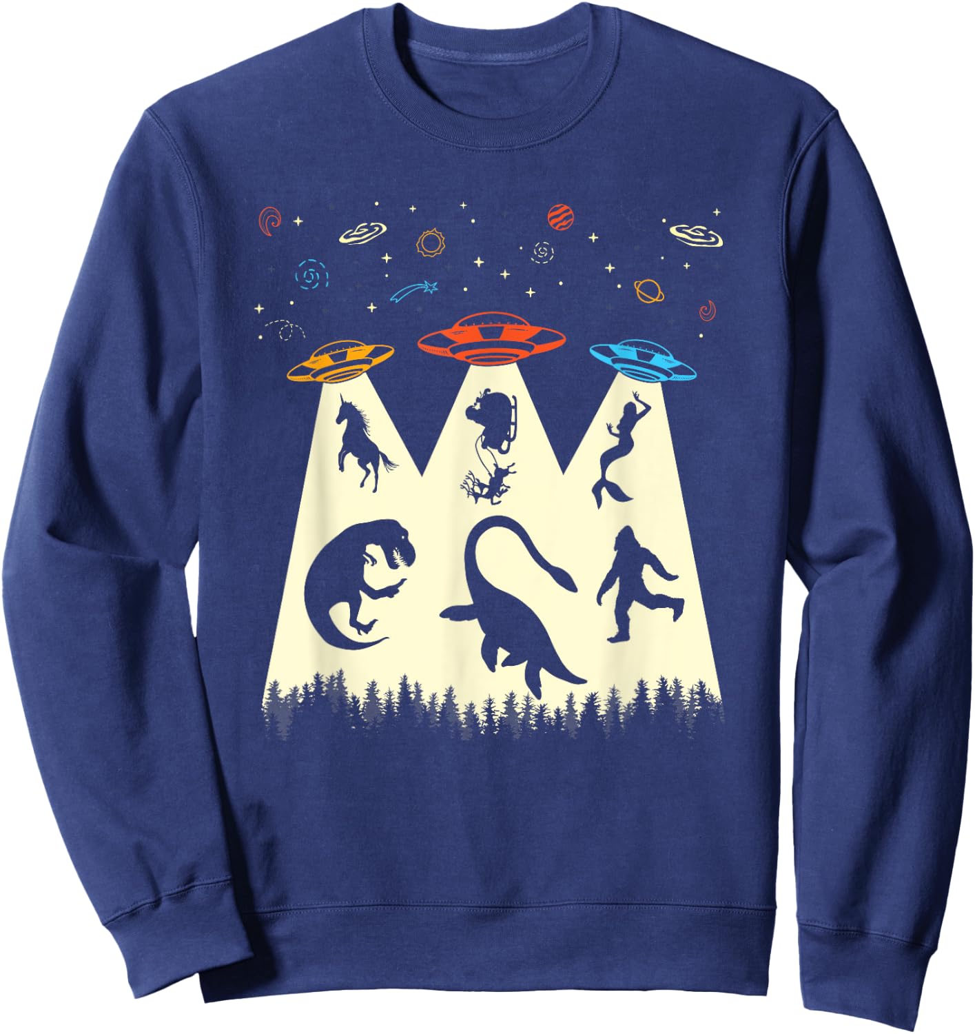 Funny UFO Shirt T-Rex Unicorn Bigfoot Alien Abduction Sweatshirt - Sweatshirt | Navy
