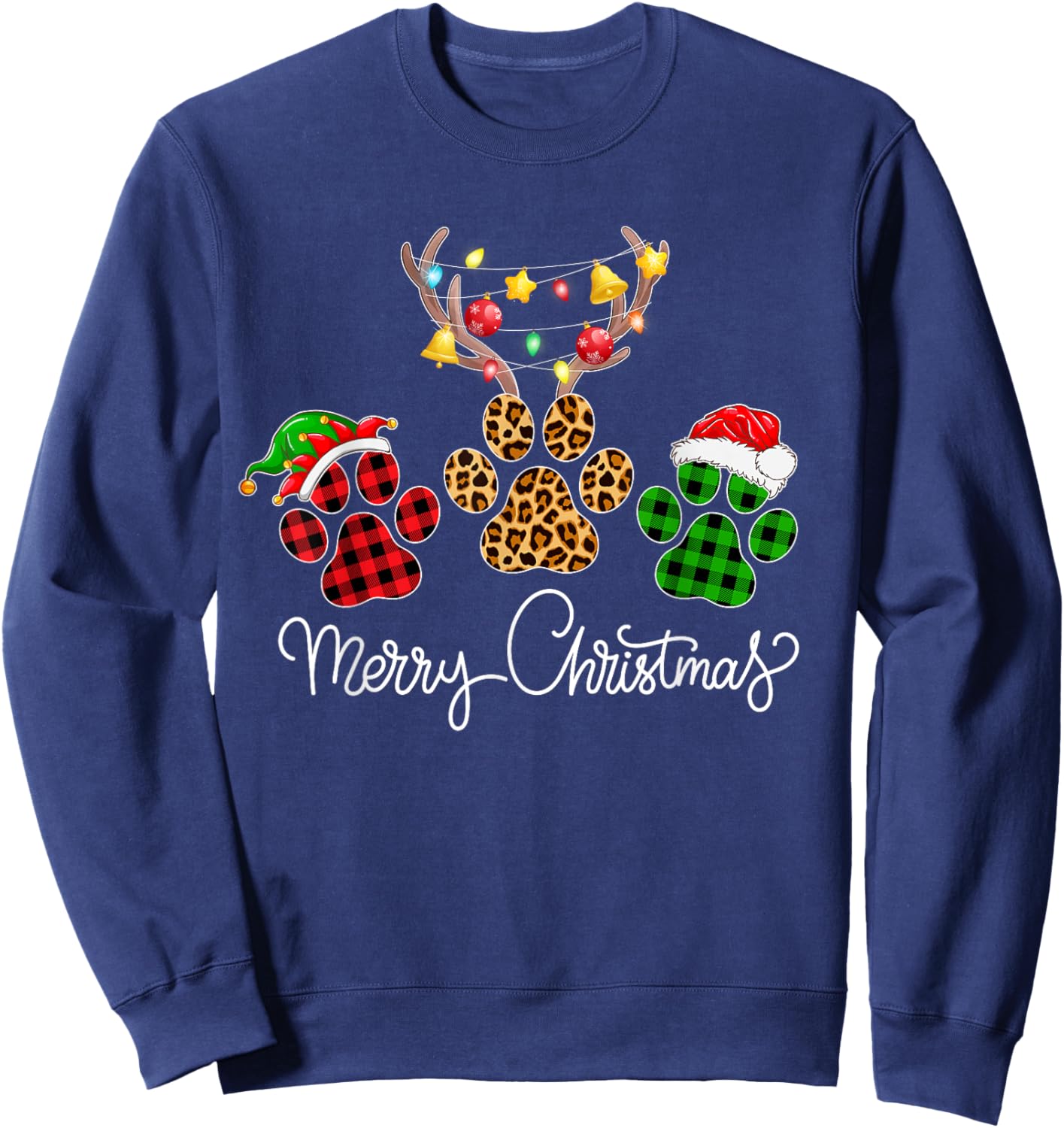 Merry Christmas Dog Paws Lights Buffalo Plaid & Leopard Xmas Men Women Kids Sweatshirt - Sweatshirt | Navy