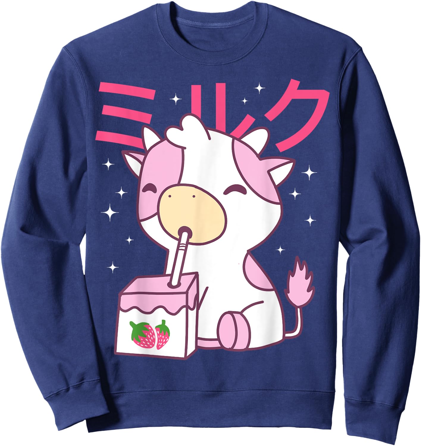 Strawberry Milk Drinking Cute Kawaii Cow Sweatshirt - Sweatshirt | Navy