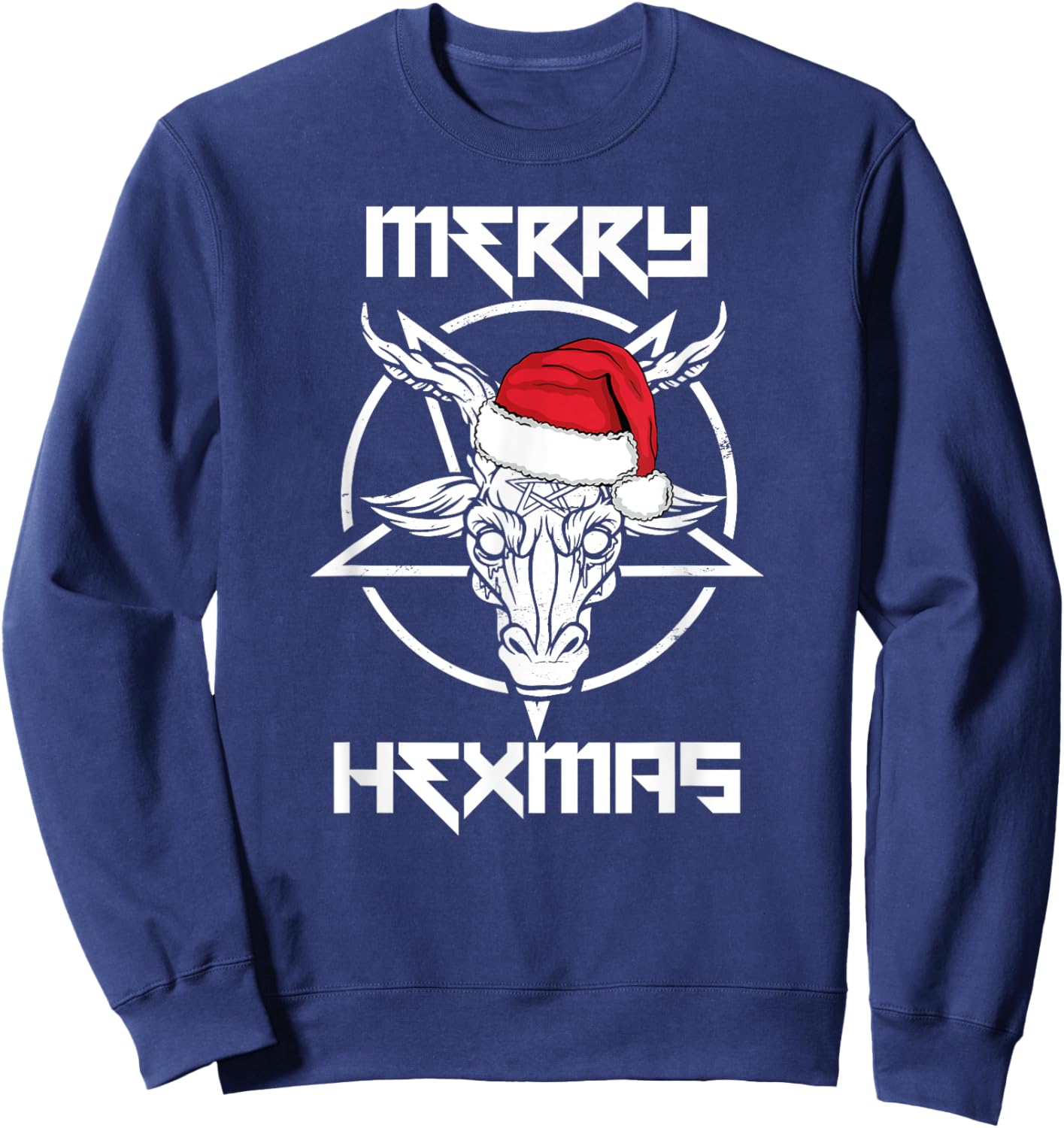 MERRY HEXMAS Funny Santa Baphomet Occult Goat Meme Sweatshirt - Sweatshirt | Navy