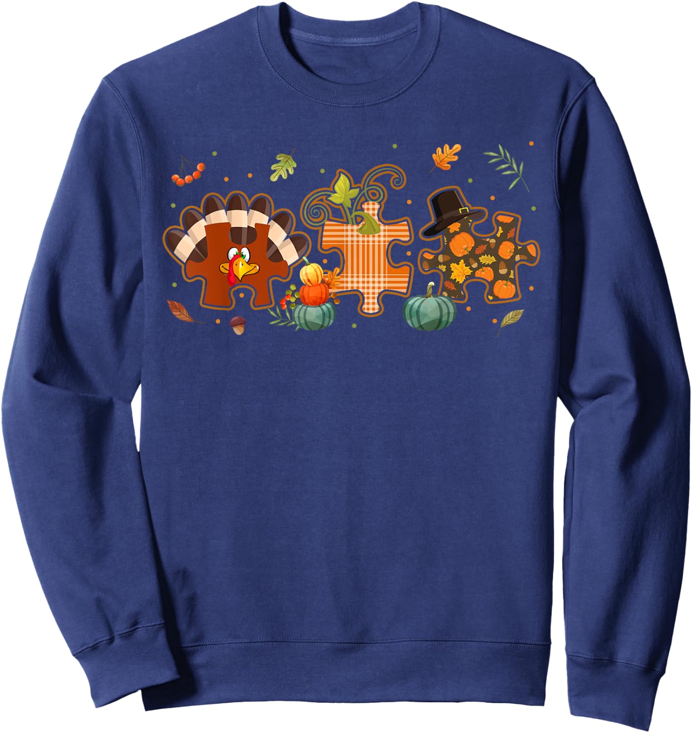 Cute Turkey Autism Awareness Puzzle Pumpkin Thanksgiving Day Sweatshirt - Sweatshirt | Navy