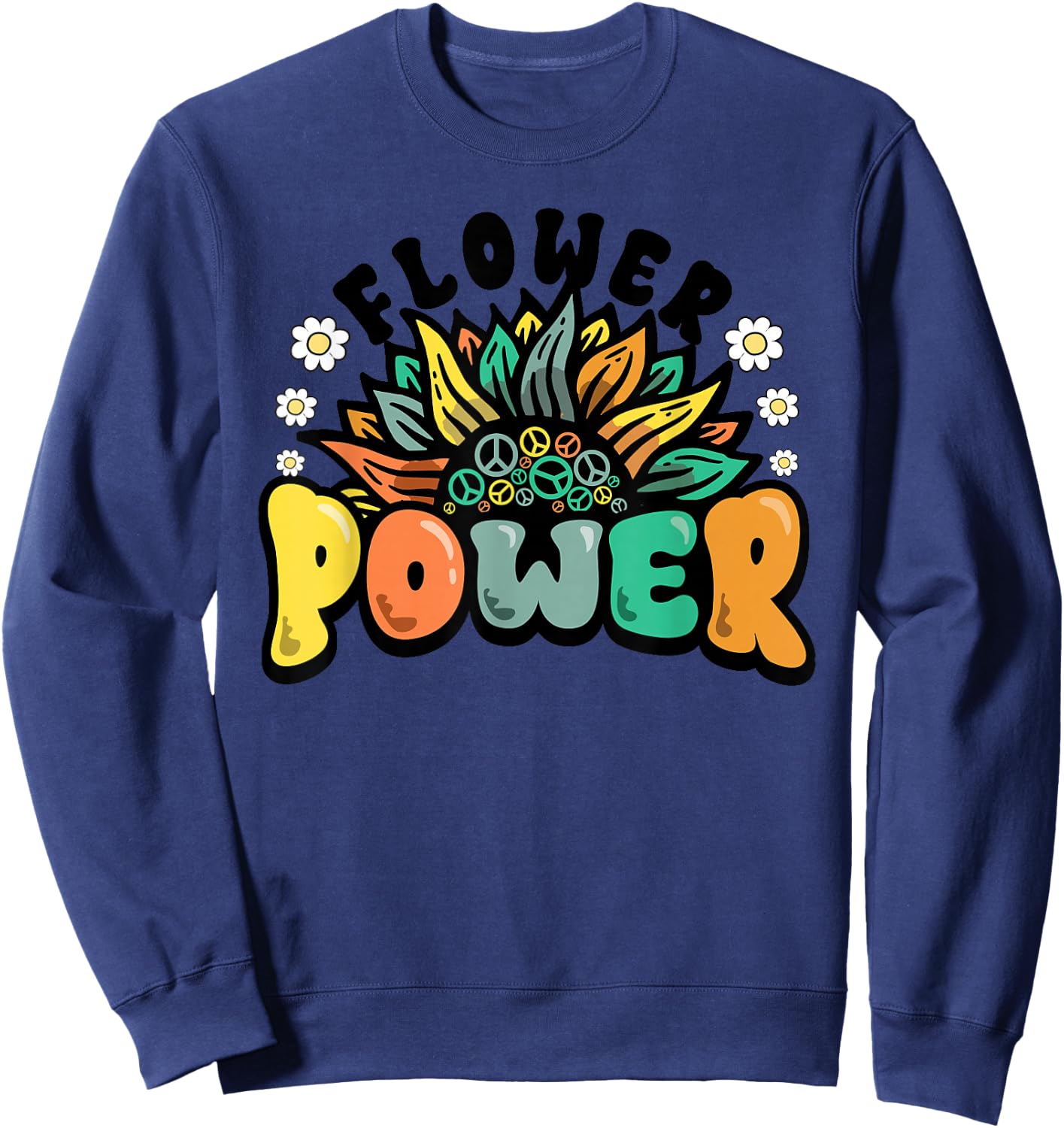 Flower Power Peace Symbol Sunflower Retro 60s 70s Sweatshirt - Sweatshirt | Navy