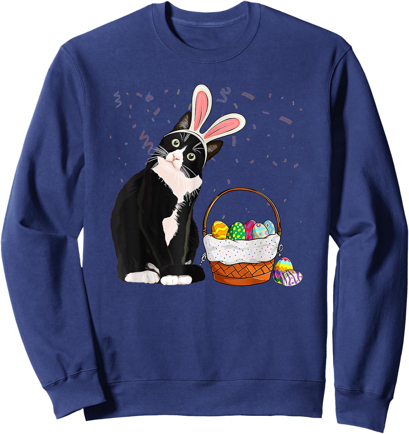 Easter Day Cat Bunny Ears Eggs Shirt Men Women Easter Rabbit Sweatshirt - Sweatshirt | Navy