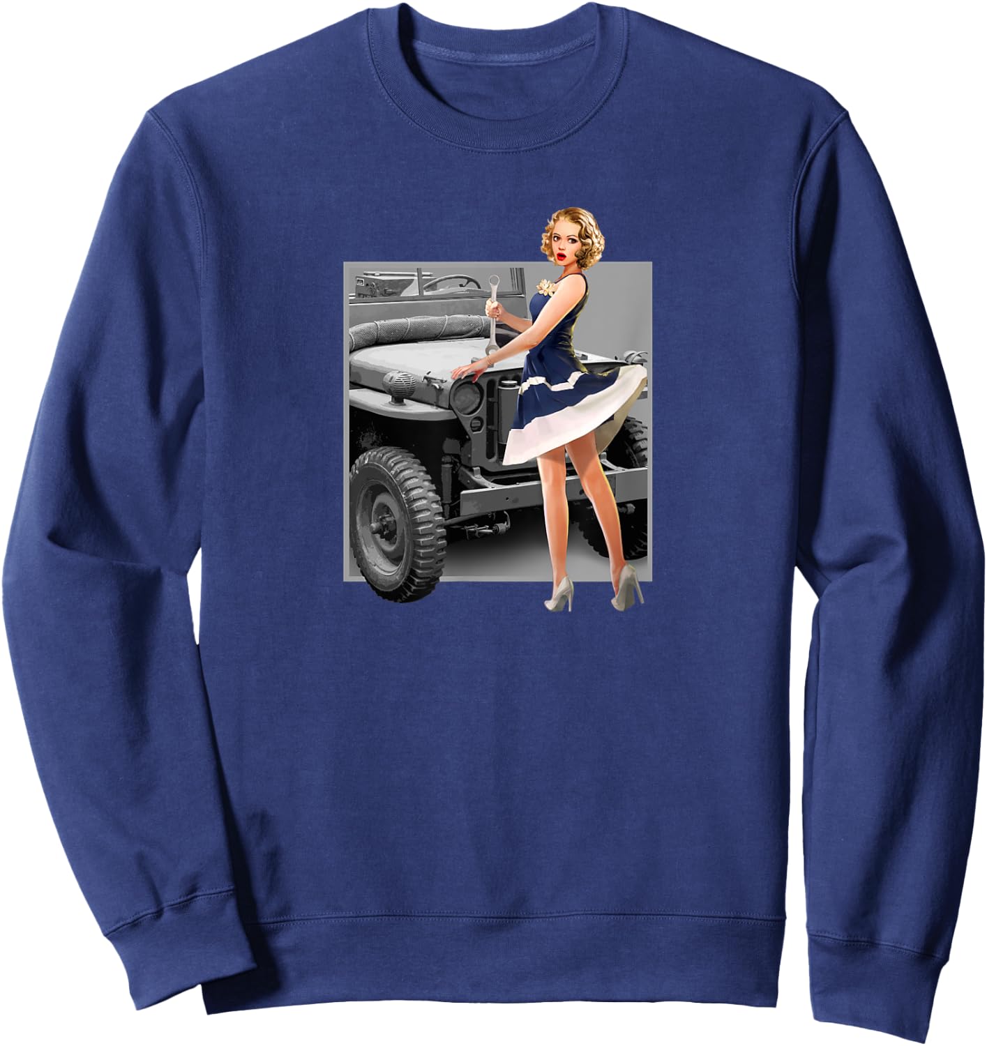 Pin up Girls Willys MB WW2 Poster Vintage Sweatshirt - Sweatshirt | Navy