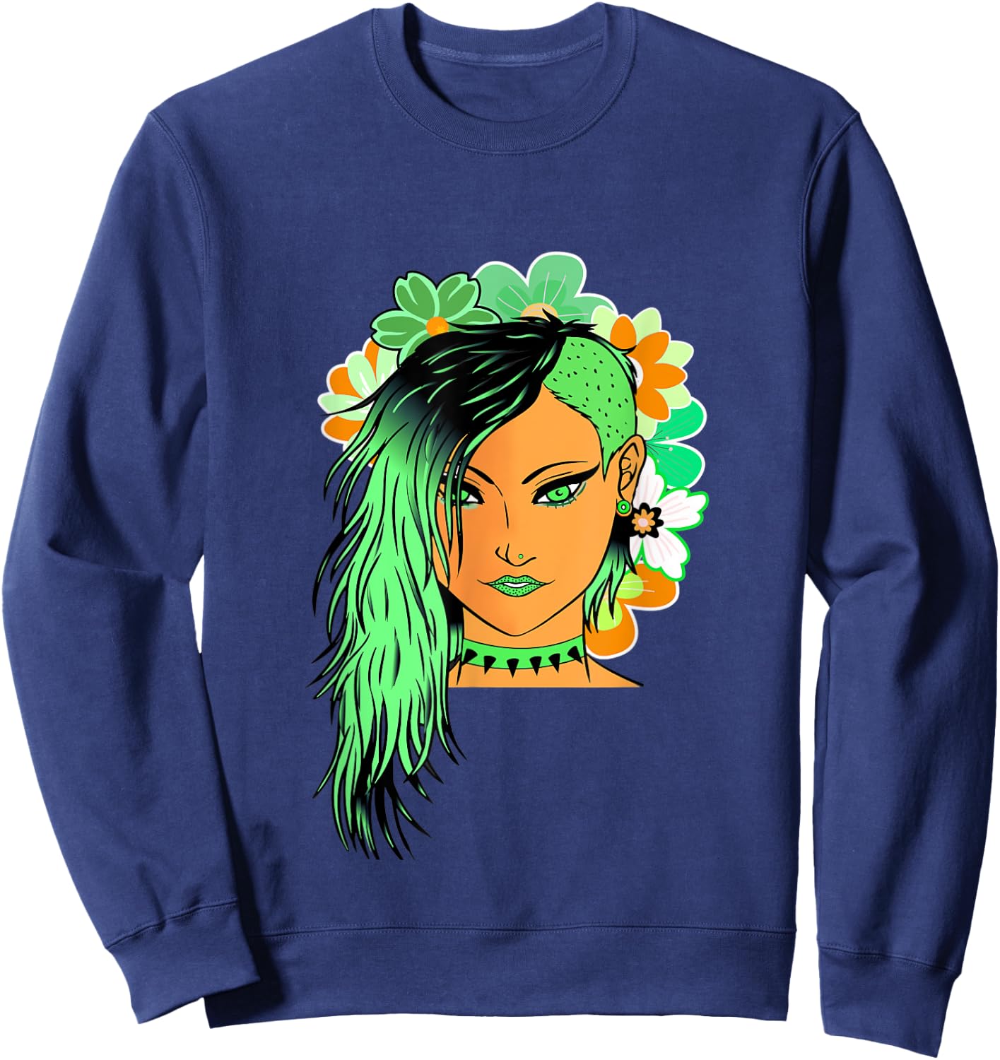 Kawaii Anime fairy floral emo goth teen girl lime green Sweatshirt - Sweatshirt | Navy