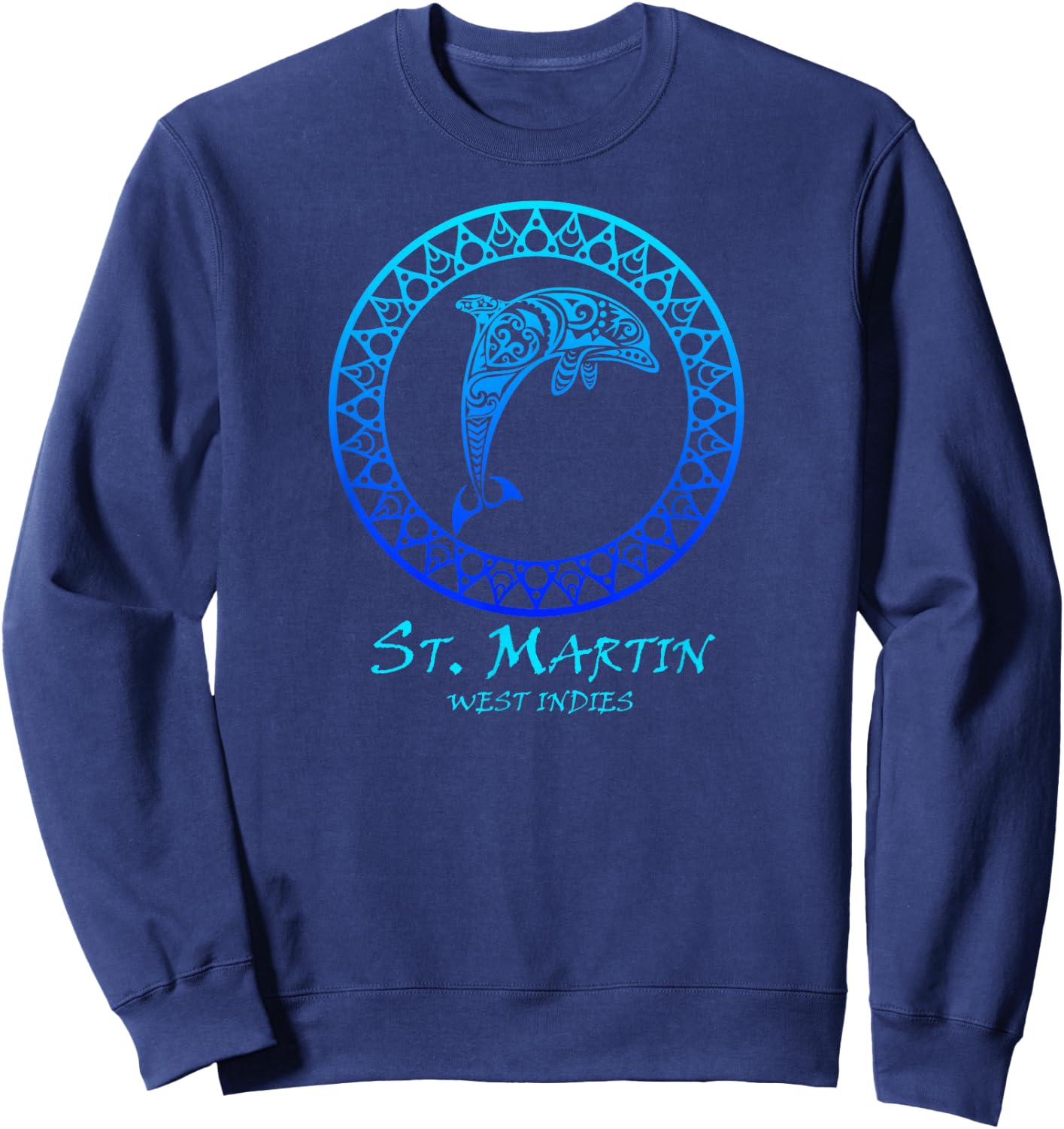 St. Martin, West Indies Vintage Tribal Dolphin Vacation Sweatshirt - Sweatshirt | Navy