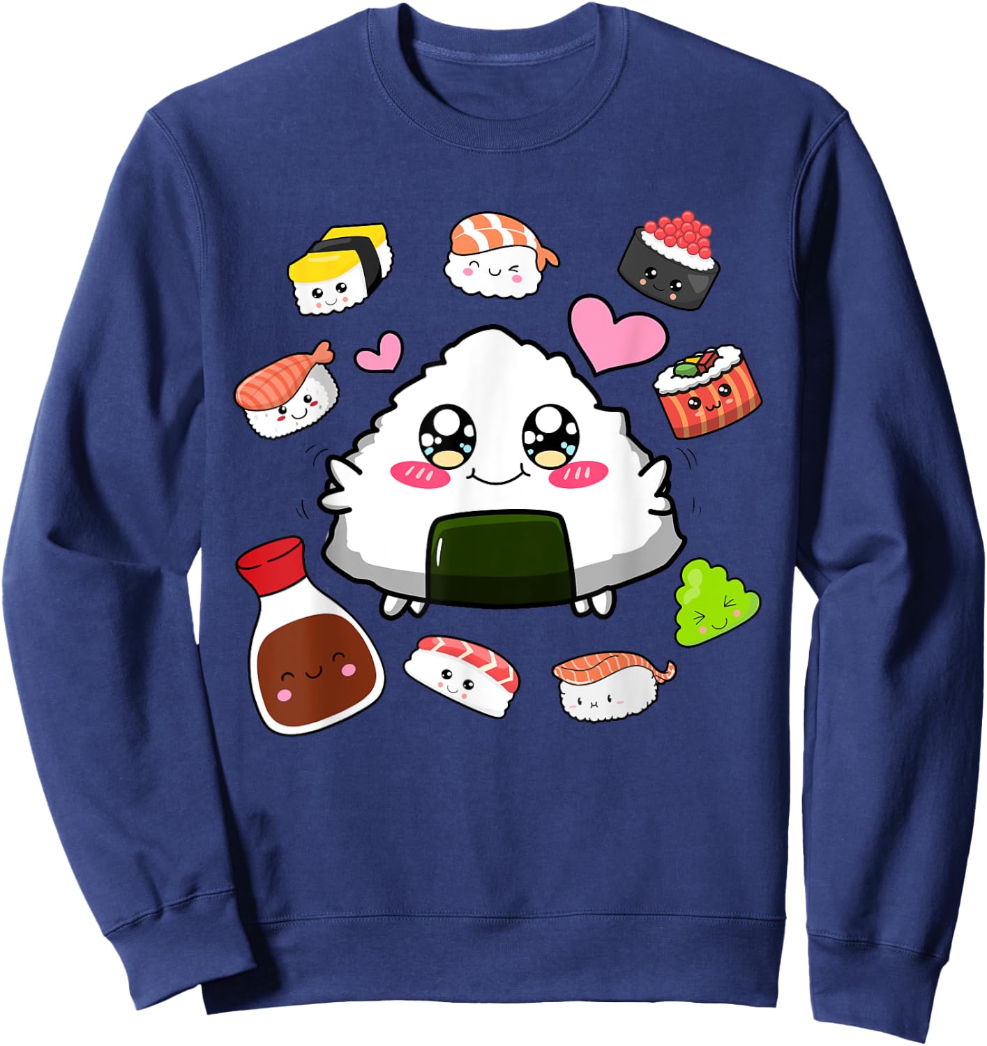 Kawaii Sushi Happy Funny Japanese Anime Cute Onigiri Sushi Sweatshirt - Sweatshirt | Navy