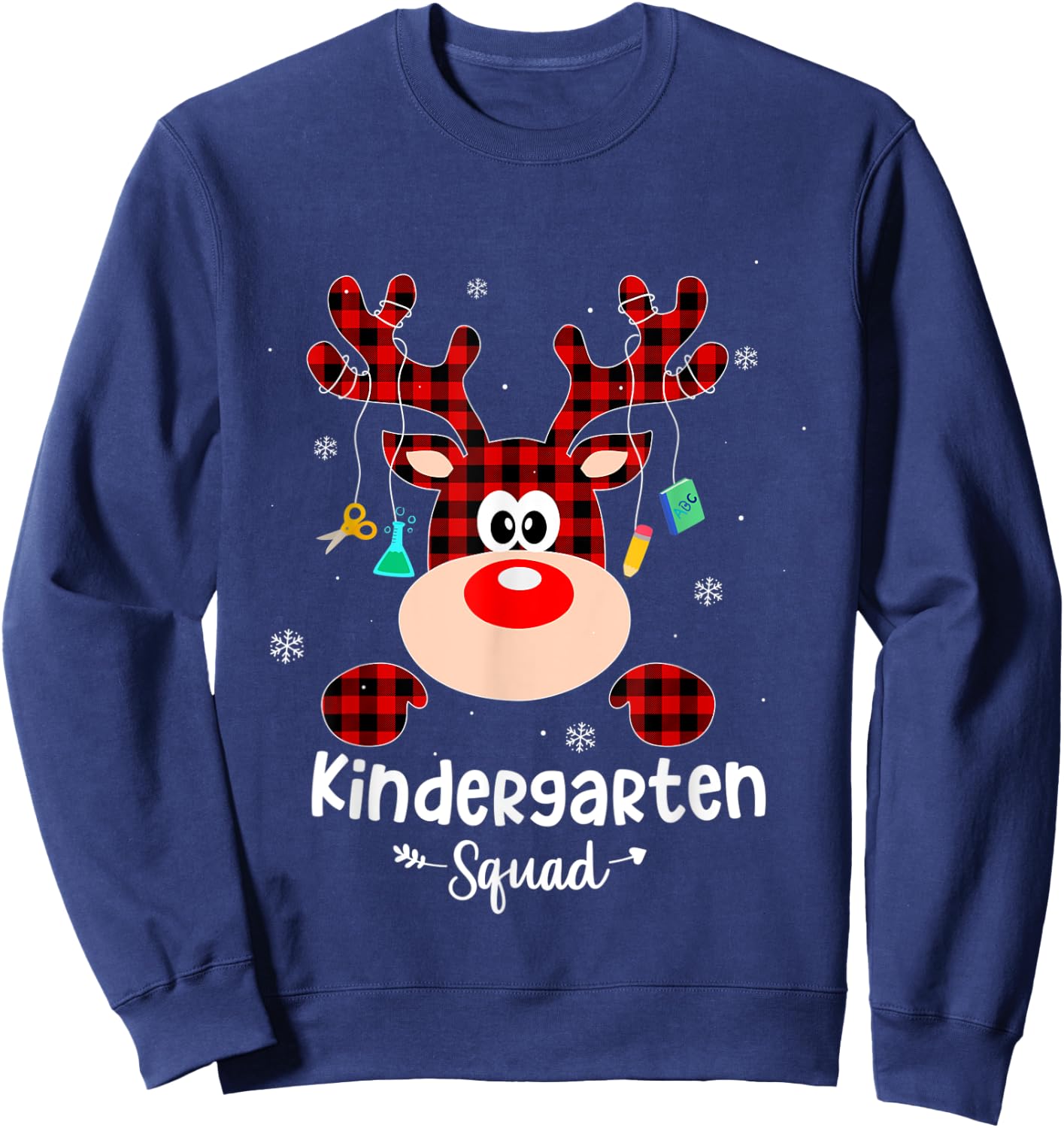 Kindergarten Squad Cute Red Plaid Reindeer Teacher Christmas Sweatshirt - Sweatshirt | Navy