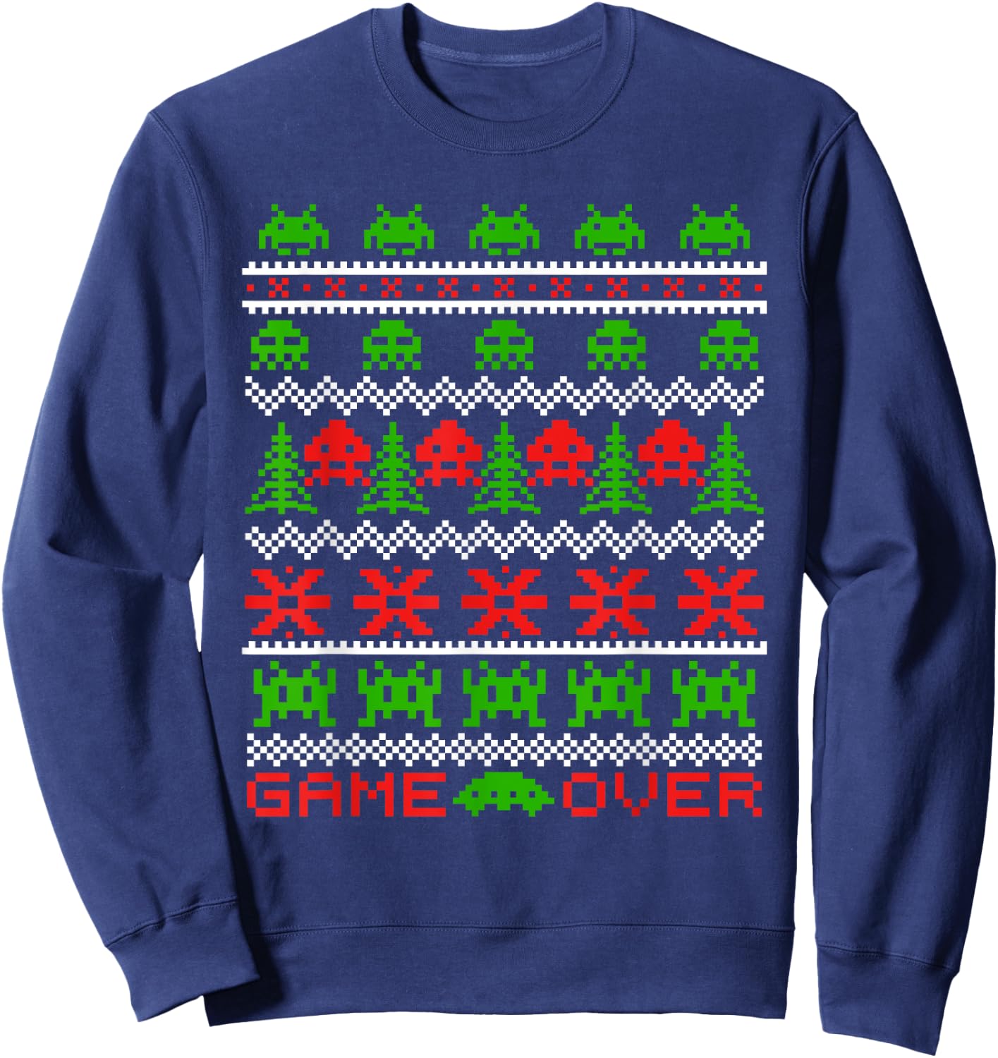 8-bit 80s Space Alien Invaders Ugly Christmas Gamers Sweater Sweatshirt - Sweatshirt | Navy