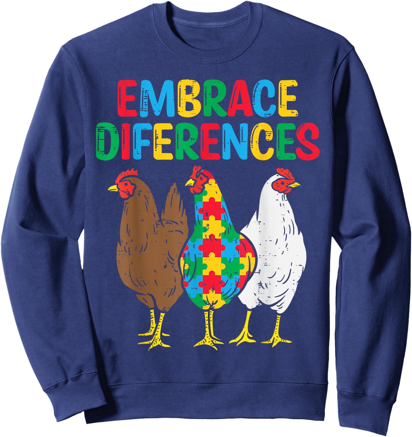 Embrace Differences Chicken Puzzle Autism Awareness Animal Sweatshirt - Sweatshirt | Navy