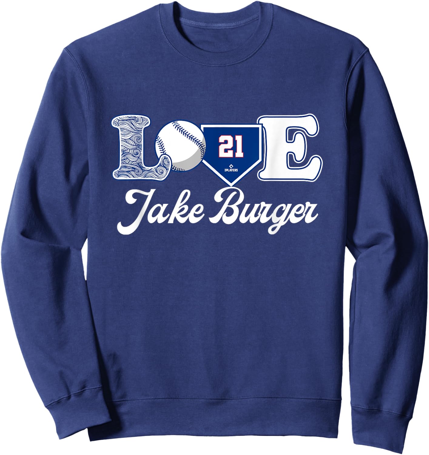 Love Jake Burger Texas Baseball MLBPA Sweatshirt - Sweatshirt | Navy
