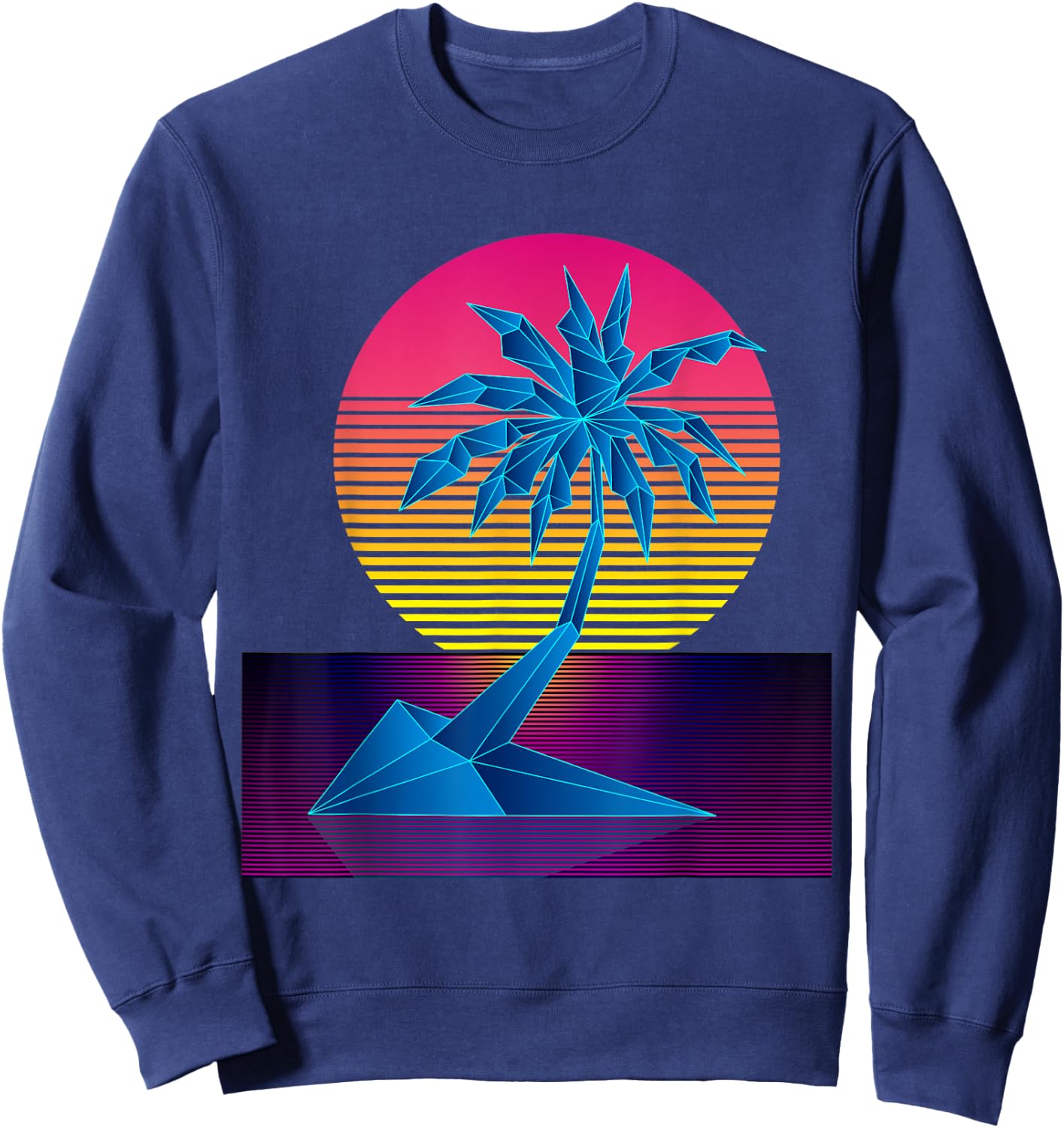 Vaporwave Digital Art Palm Tree & Sunset Retro 80s Beach Art Sweatshirt - Sweatshirt | Navy