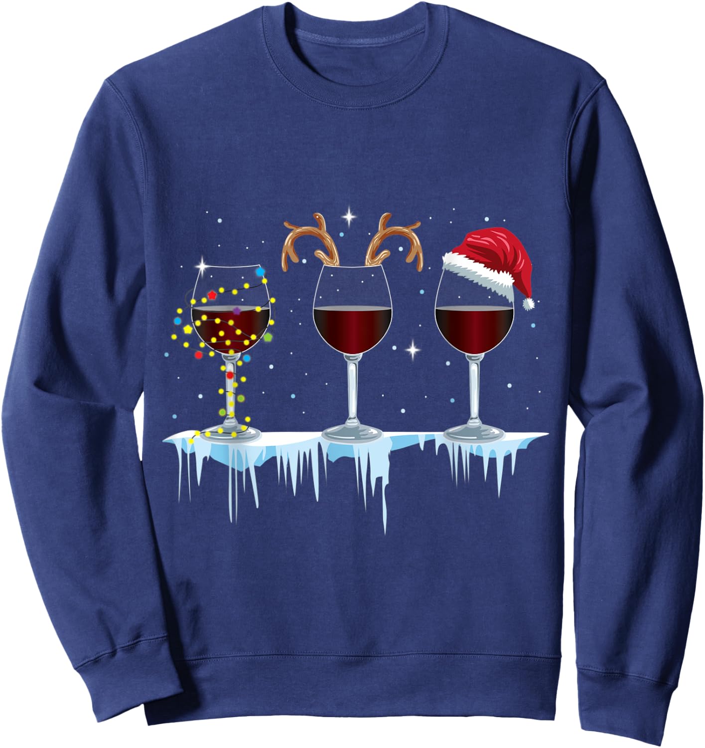 Wine Glasses with Reindeer and Santa and Christmas Lights Sweatshirt - Sweatshirt | Navy