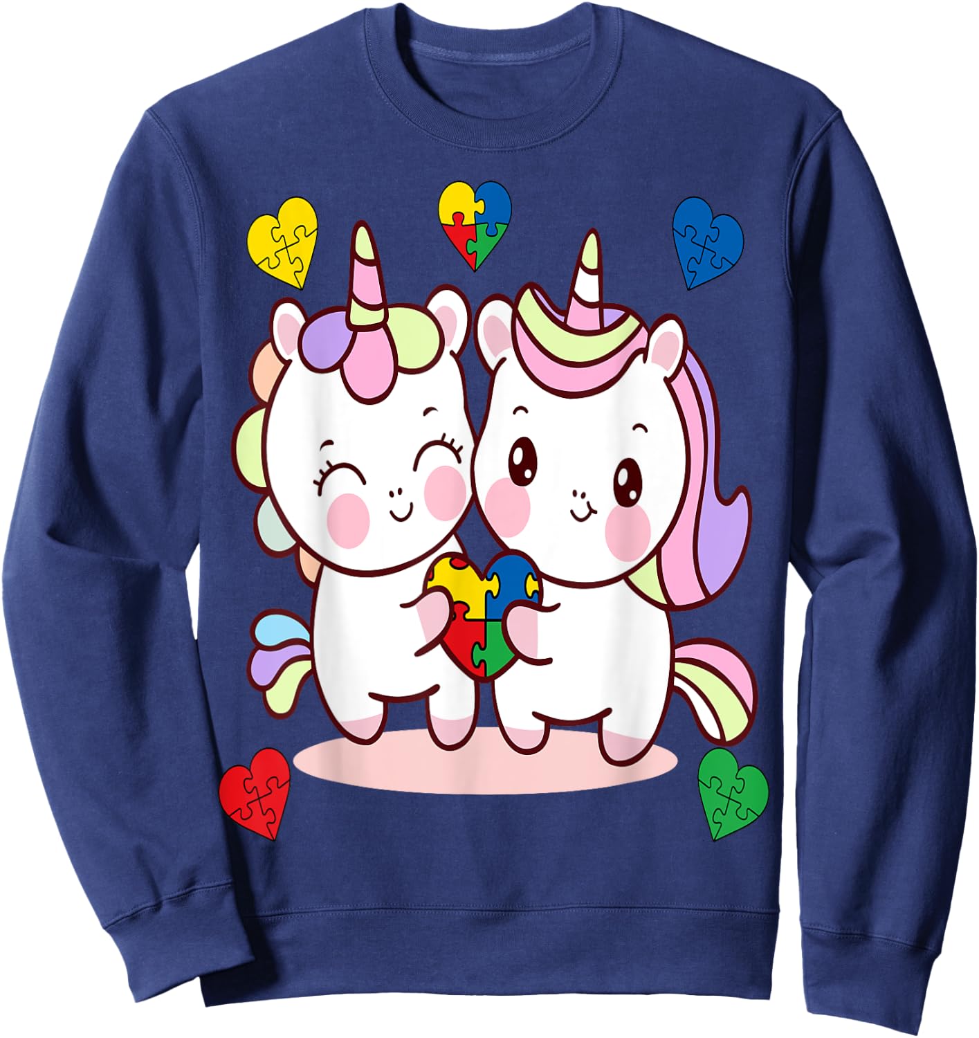 Unicorn Heart Puzzle Piece Autism Awareness Cute Girls Sweatshirt - Sweatshirt | Navy