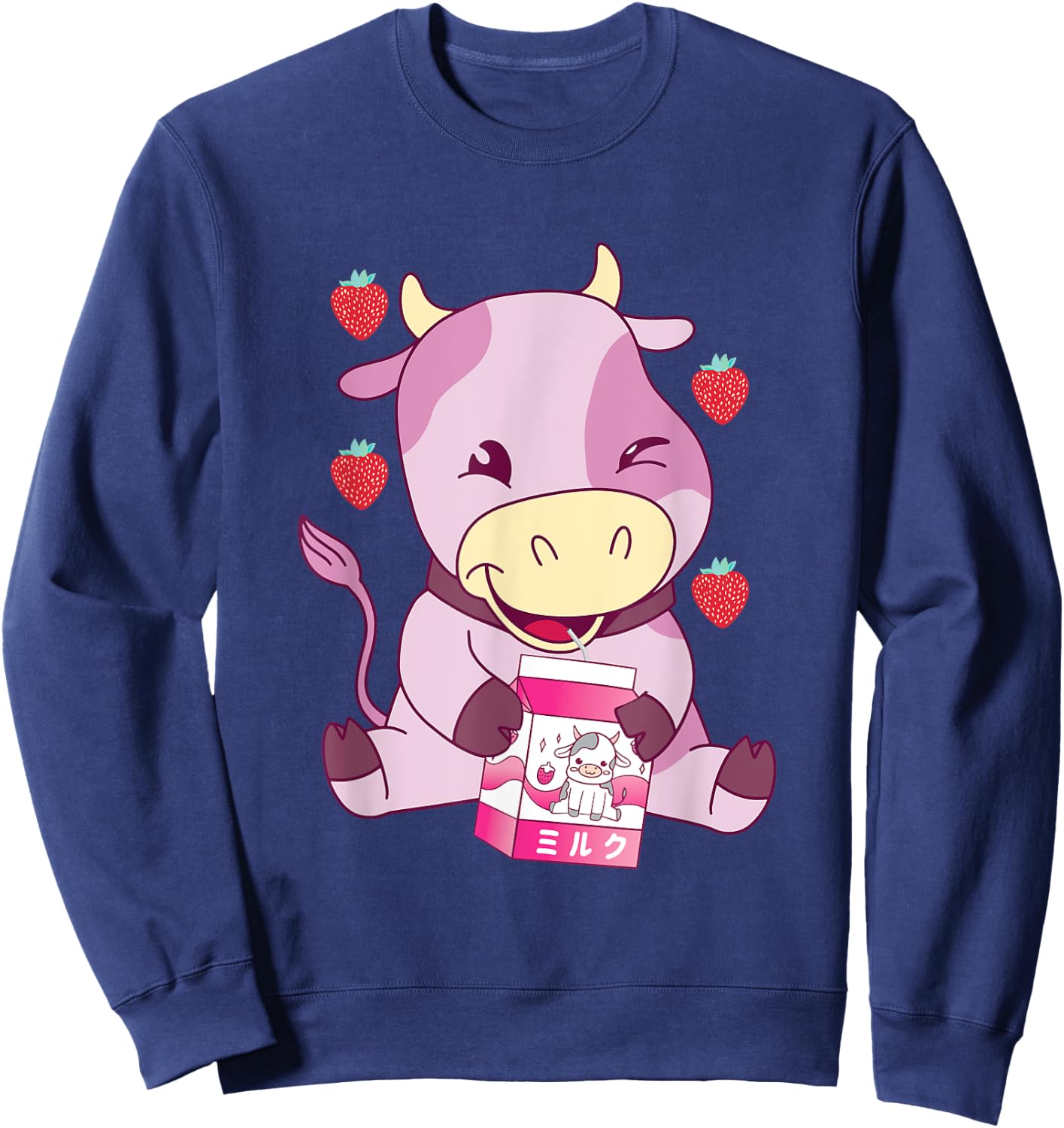 Strawberry Milk Pink Cow Japanese Strawberry Milk Shake Sweatshirt - Sweatshirt | Navy