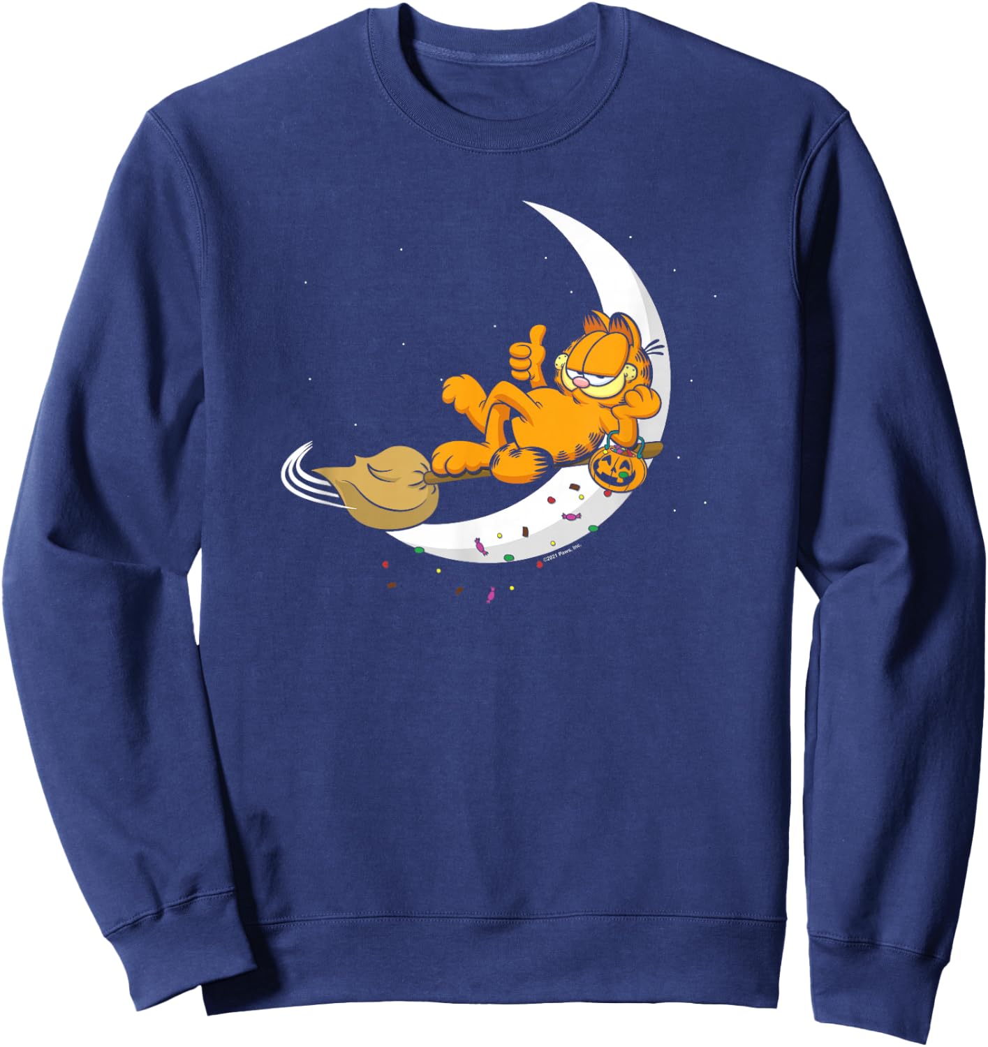 Garfield Halloween Crescent Moon Broom Riding Garfield Sweatshirt - Sweatshirt | Navy