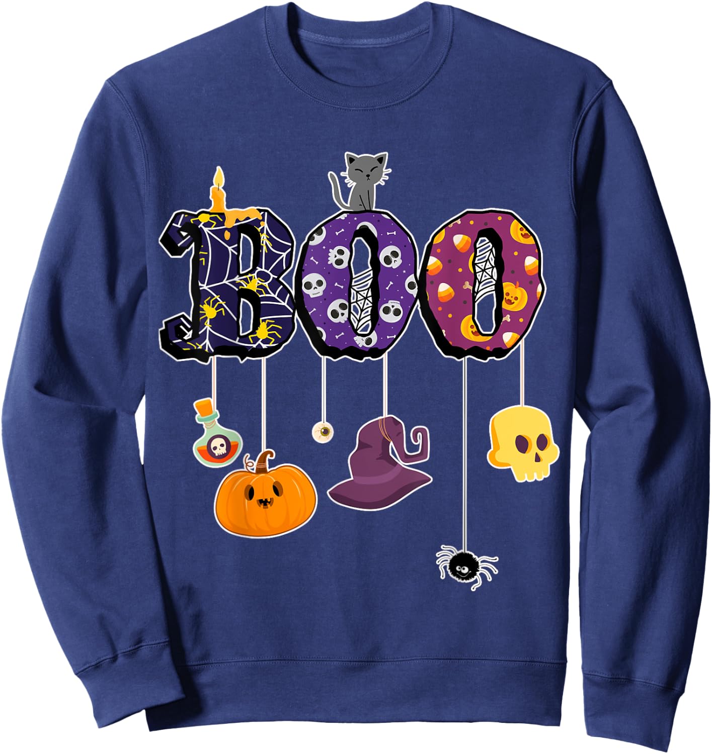 Boo Halloween Costume Spiders, Ghosts, Pumkin & Witch Hat Sweatshirt - Sweatshirt | Navy