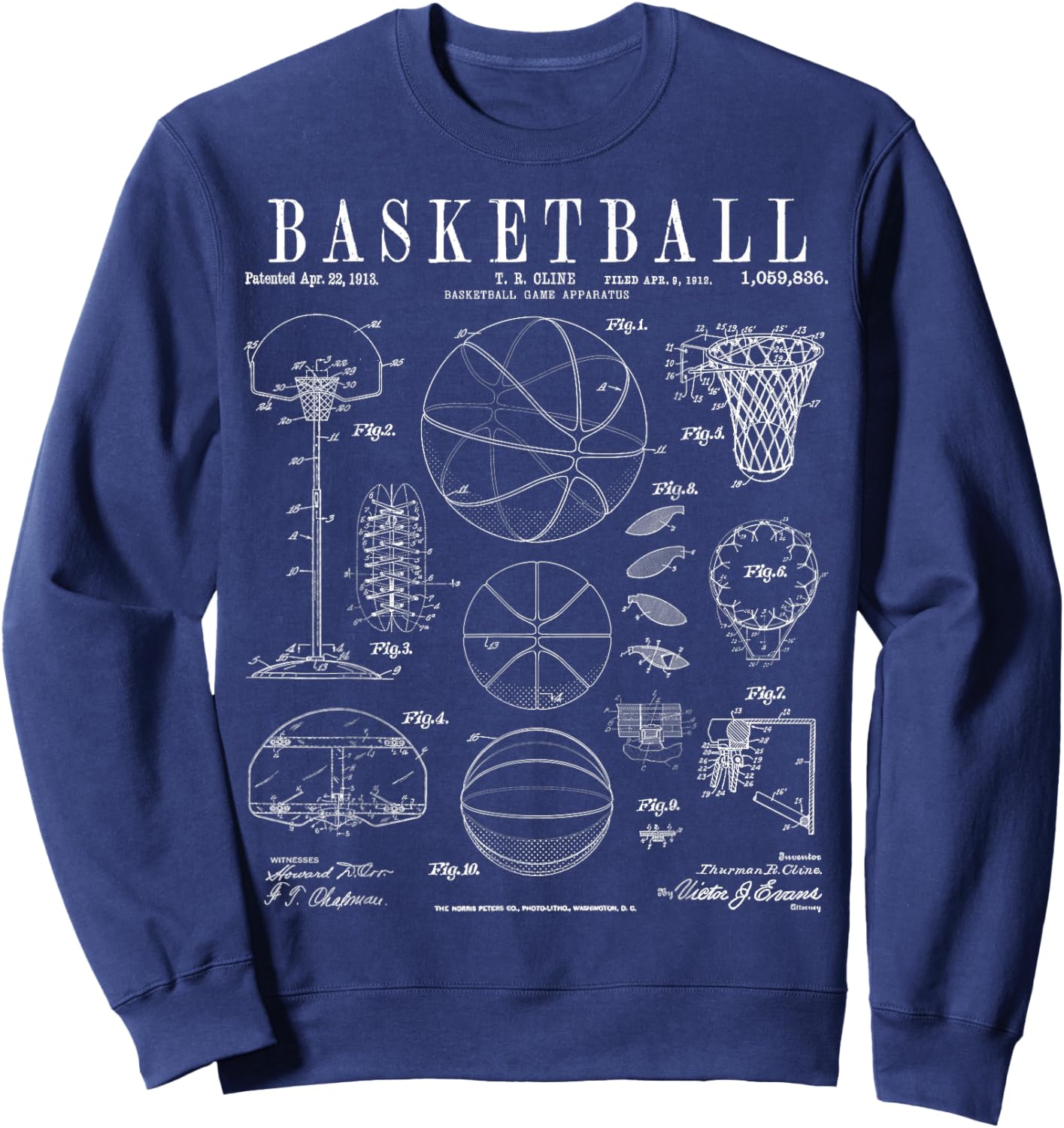 Basketball Old Vintage Patent Drawing Print Sweatshirt - Sweatshirt | Navy
