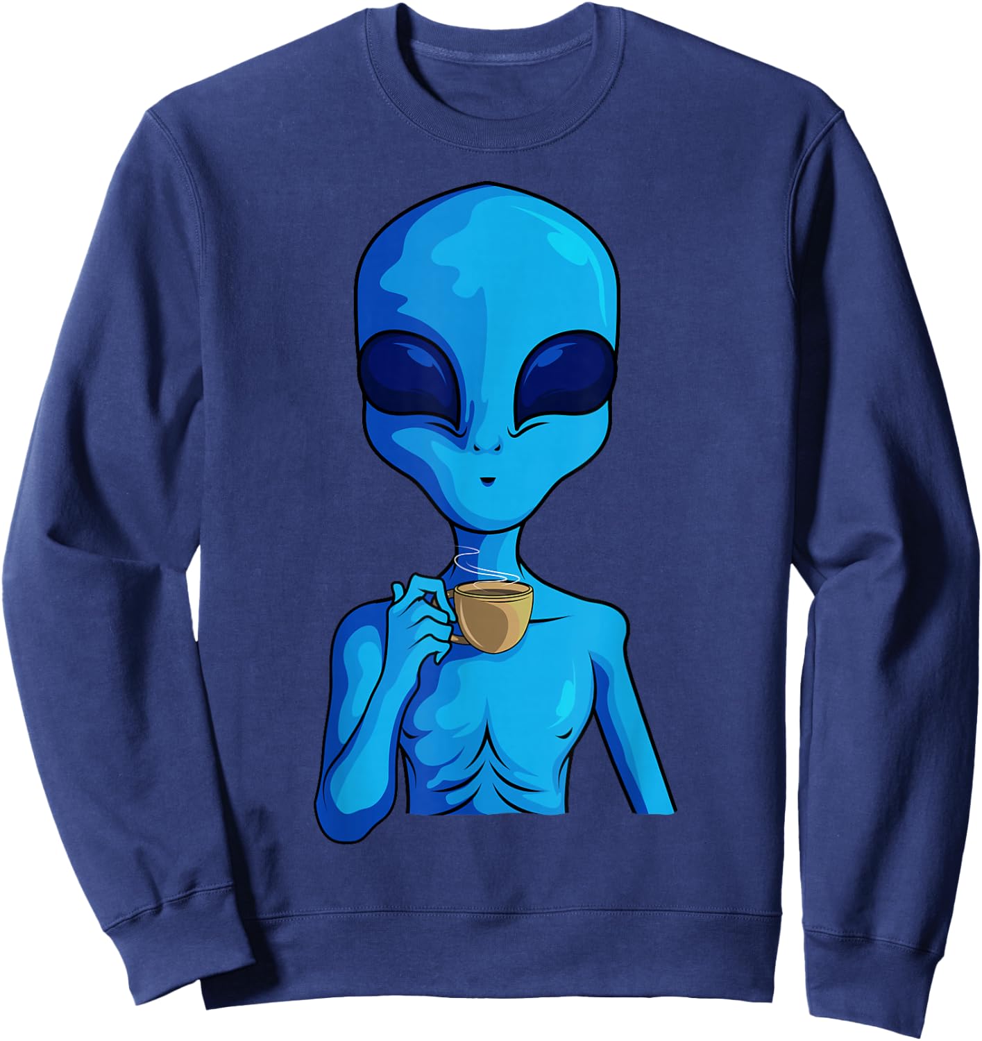 Funny Coffee Drinking Extraterrestrial Space Blue Alien Sweatshirt - Sweatshirt | Navy