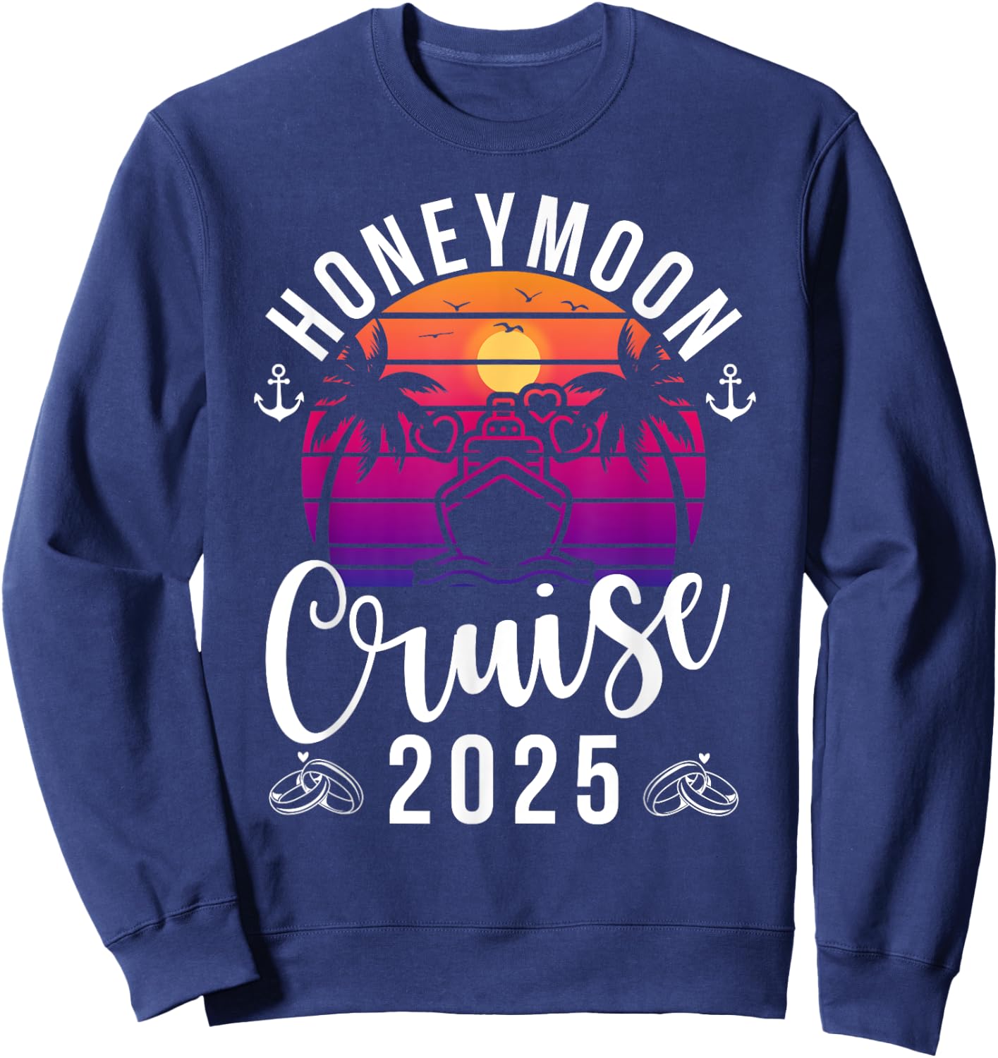 Honeymoon Cruise 2025 , Adult, Short Sleeve, Black, X-Small, , Tropical, Retro, Honeymoon, Couples, Anniversary, Travelers Sweatshirt - Sweatshirt | Navy