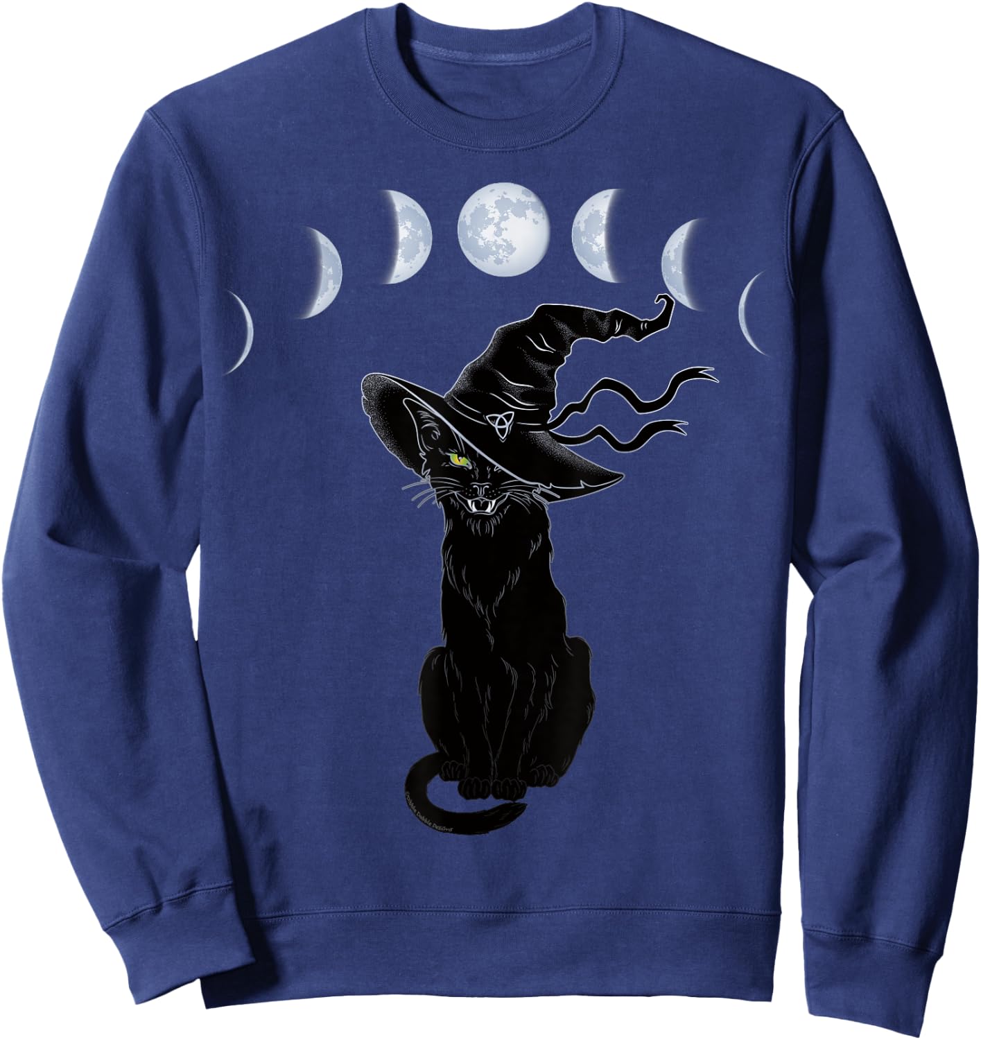 Halloween Black Cat with Witch Hat and Phases of the Moon Women Kids Sweatshirt - Sweatshirt | Navy