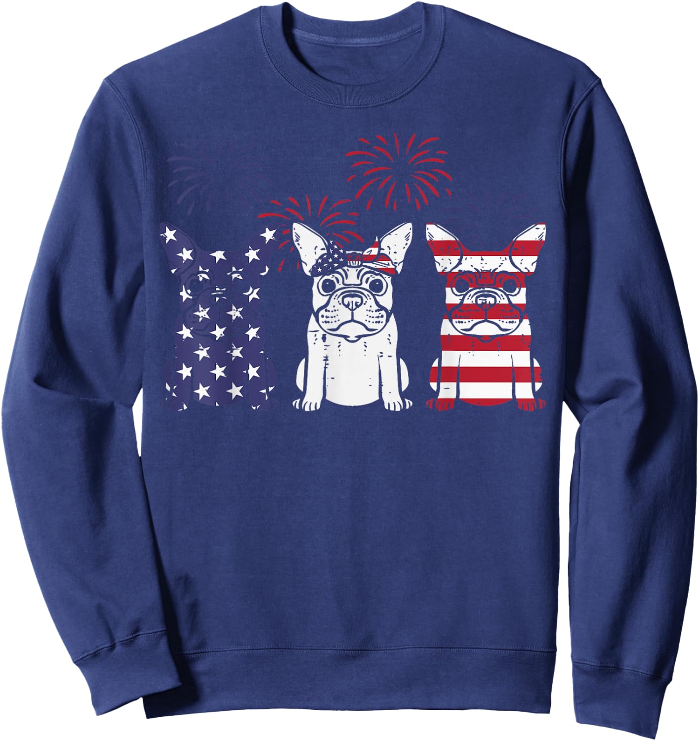 3 US Flag French Bulldogs 4th Of July Patriotic Frenchie Dog Sweatshirt - Sweatshirt | Navy