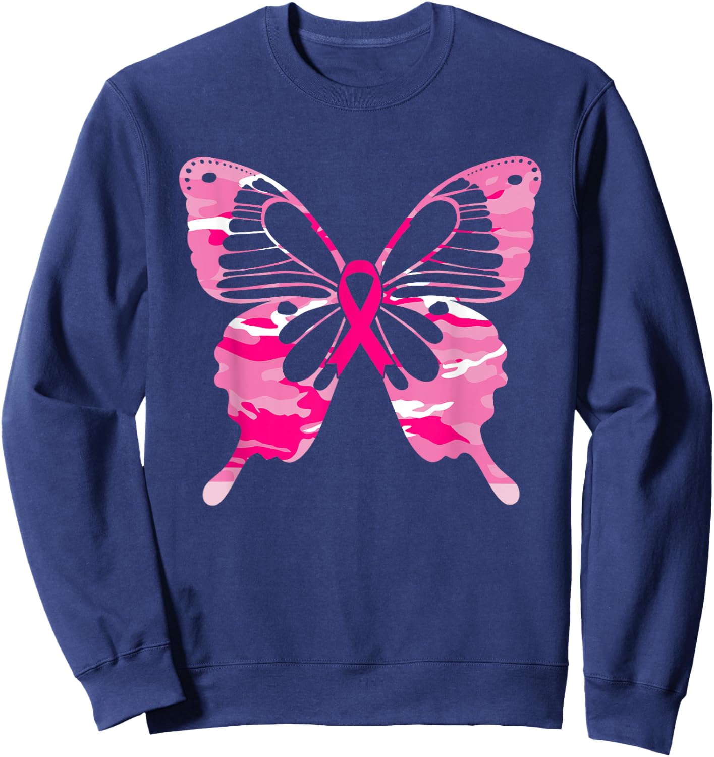 Camouflage Butterfly Pink Ribbon Breast Cancer Awareness Sweatshirt - Sweatshirt | Navy
