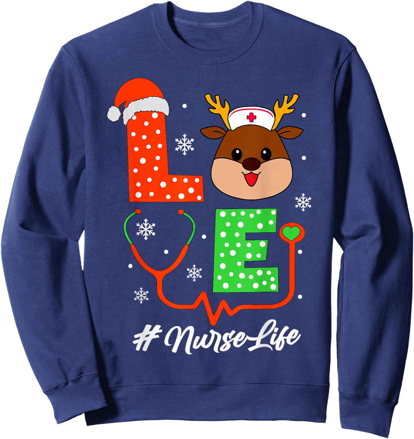 Christmas Nurse Scrub Tops Love Reindeer Nurse Sweatshirt - Sweatshirt | Navy