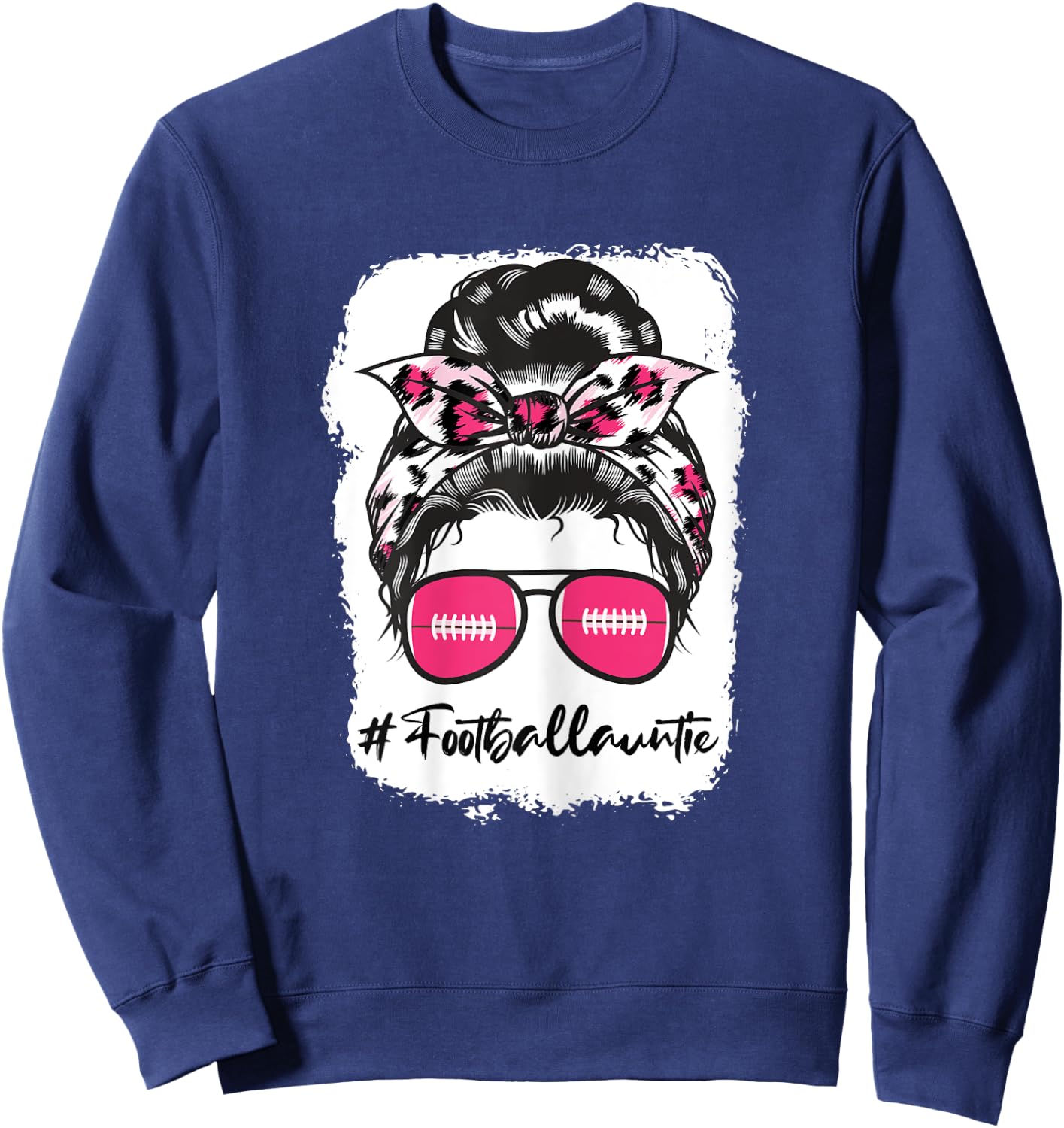 Bleached Football Auntie Pink Leopard Print Messy Bun Sweatshirt - Sweatshirt | Navy