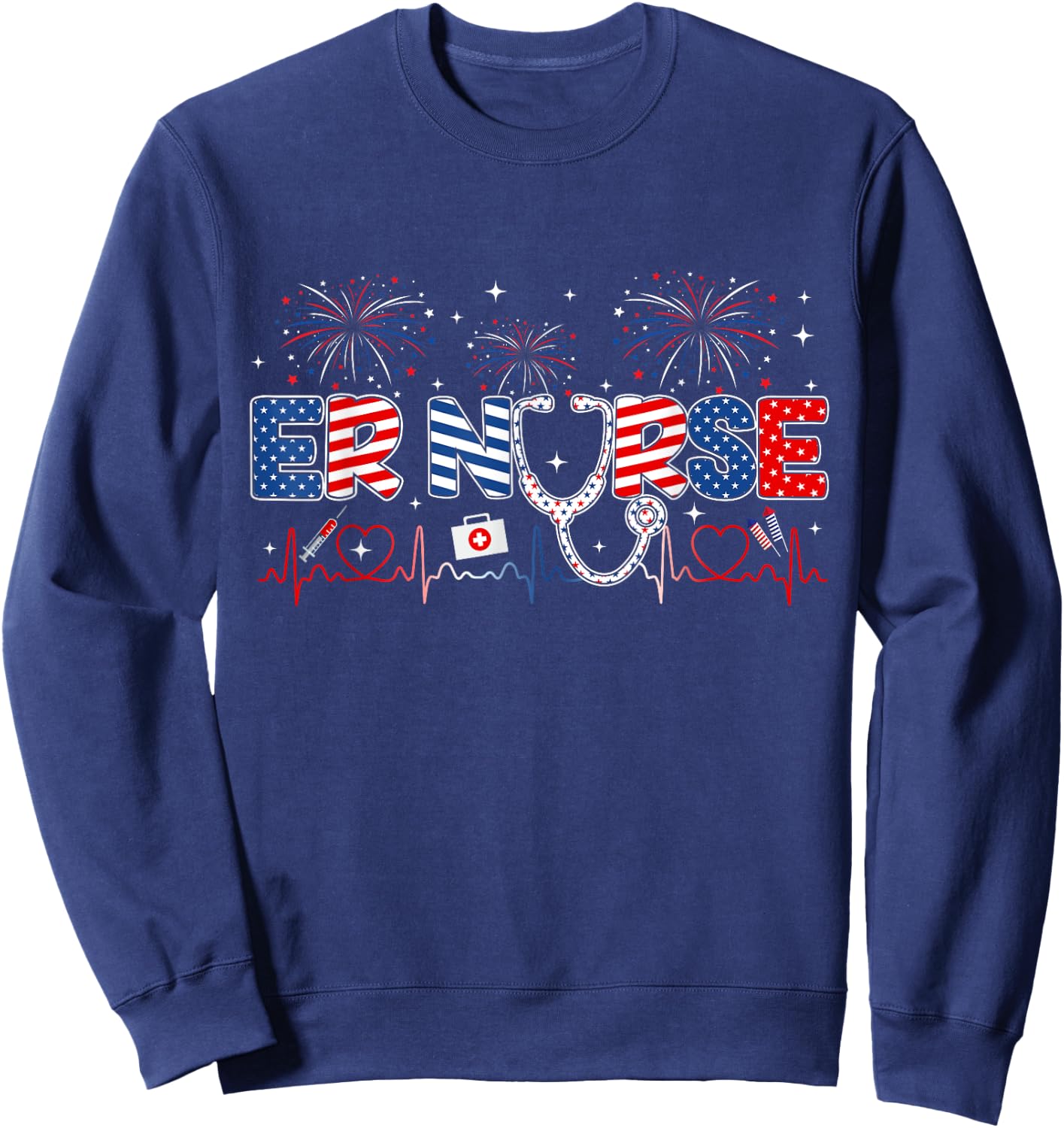 ER Nurse 4th of July American Flag Patriotic USA Stethoscope Sweatshirt - Sweatshirt | Navy