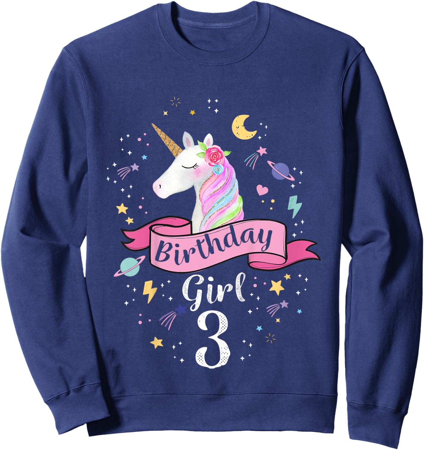 3 Year Old Girl Birthday Unicorn Shirt 3rd Birthday Sweatshirt - Sweatshirt | Navy